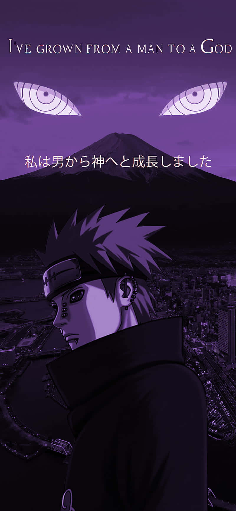Naruto Aesthetic Phone 桌布 壁紙 — 一個紫色調的動漫角色站在富士山前，上方有發光的眼睛，俯瞰著黑暗天空下的城市景觀。