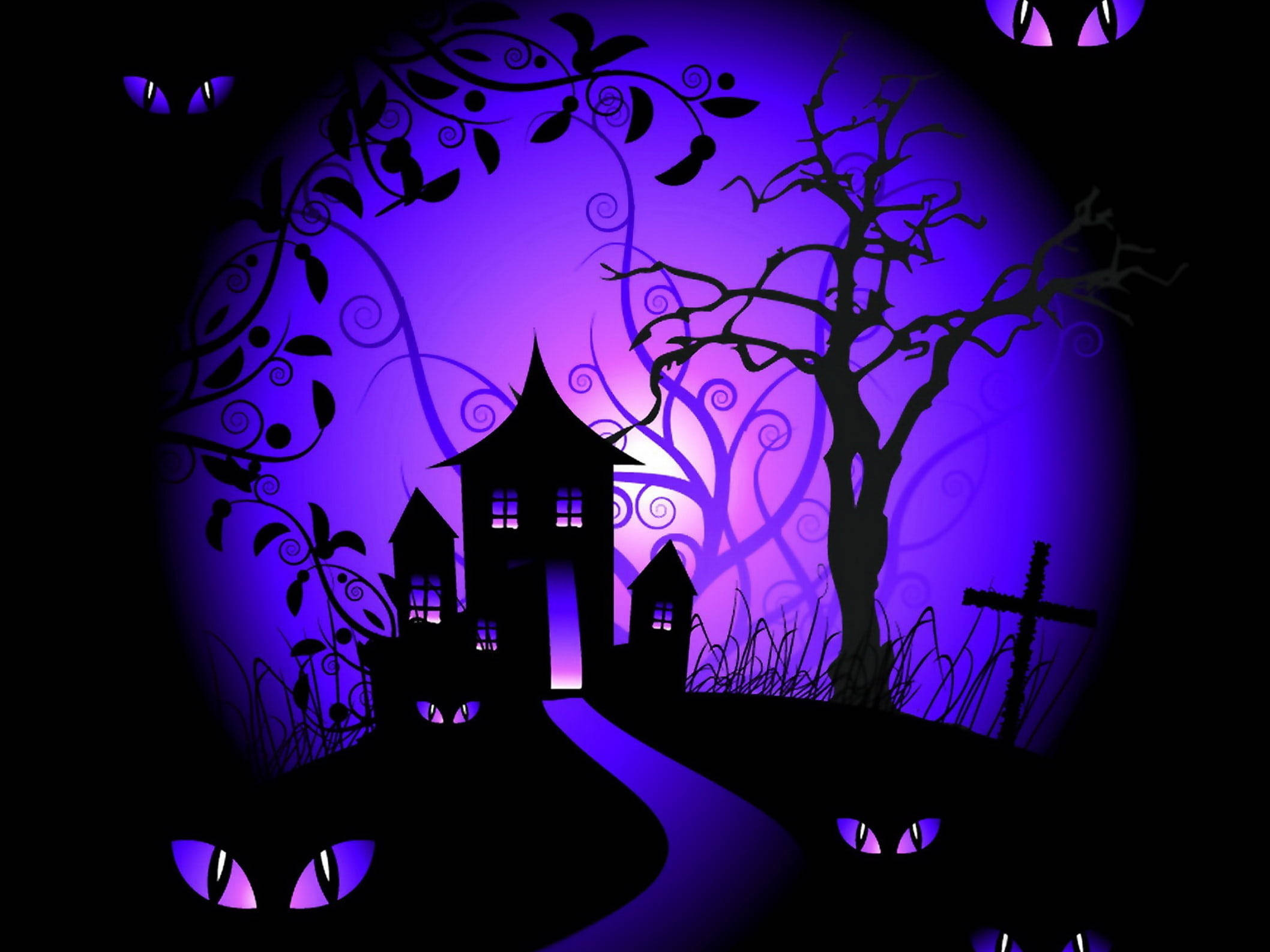 Cute Aesthetic Halloween 桌布 壁紙 — 一個紫色調的恐怖鬼屋剪影，周圍環繞著扭曲的樹木和發光的貓眼，在黑暗的夜晚場景中。