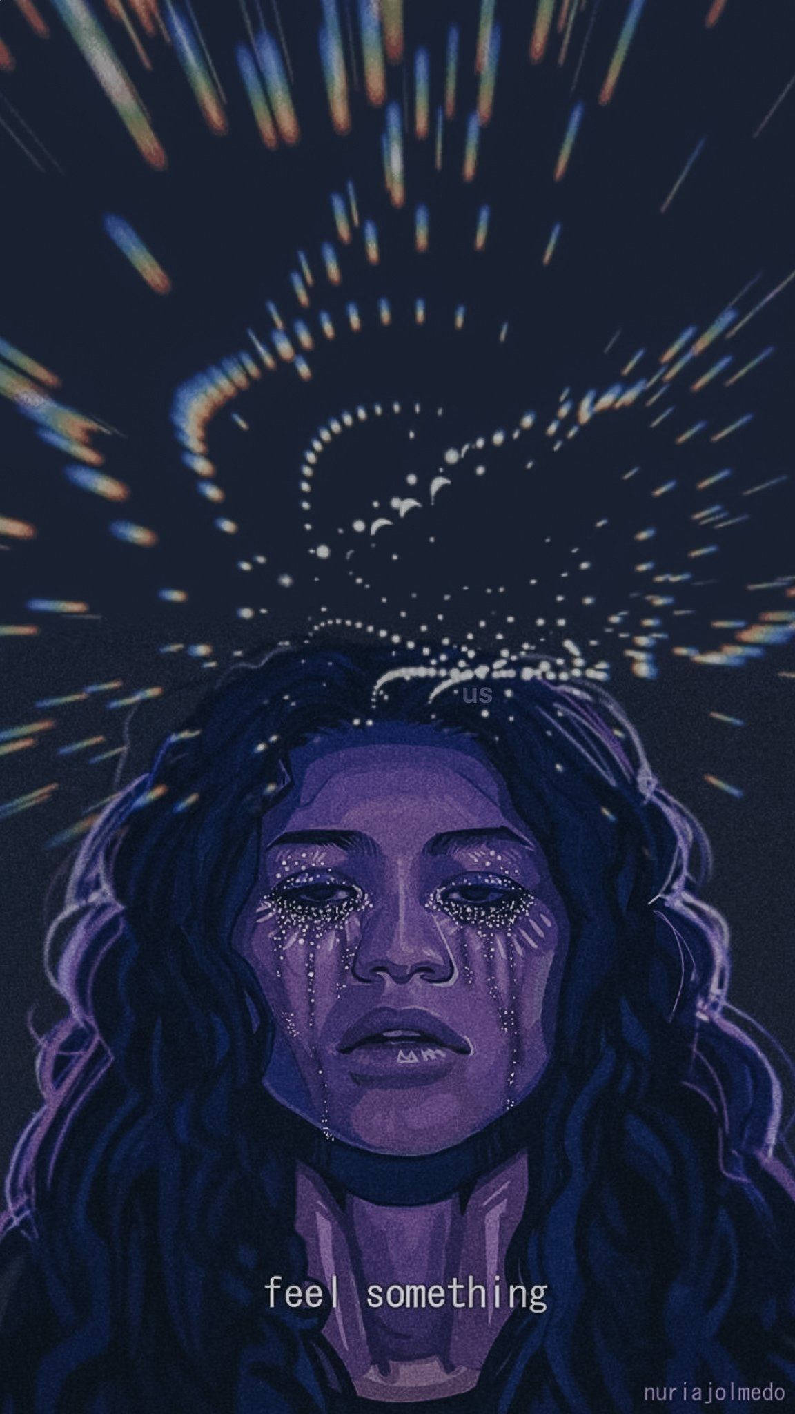 tv 桌布 壁紙 — 一個紫色調的數位肖像，描繪一位女性，帶有閃爍的淚珠和從頭部放射出的宇宙條紋。