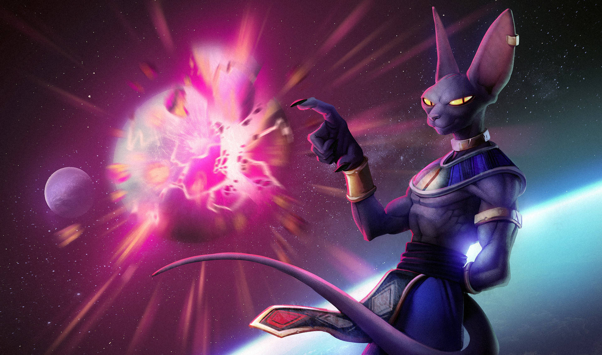Beerus 桌布 壁紙 — 一個紫色貓咪般的戰士在太空中向一顆行星發射發光的粉紅色能量衝擊波。