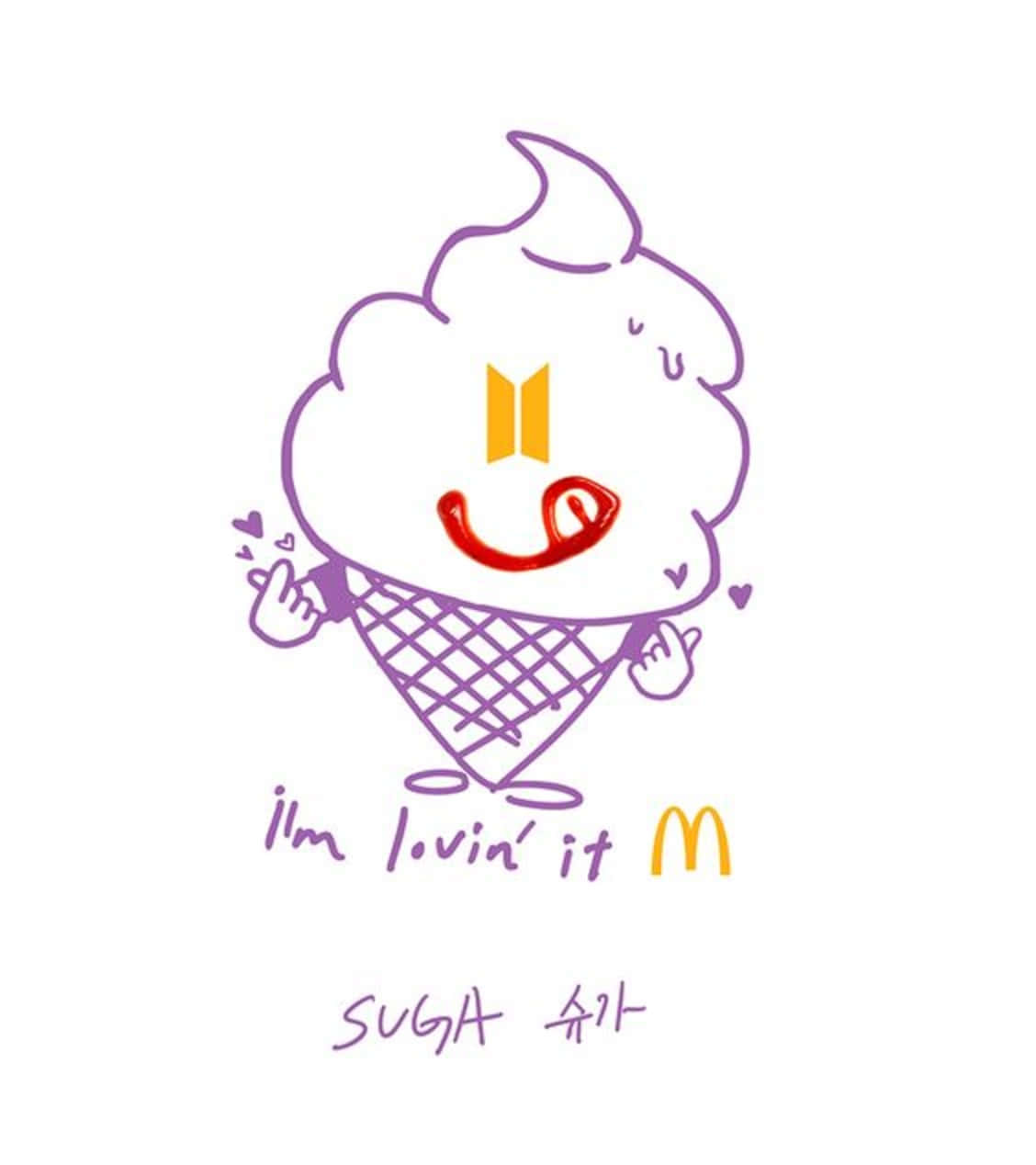 Bts Mac 桌布 壁紙 — 一個紫色輪廓的冰淇淋甜筒角色，帶有紅色笑容和黃色BTS標誌眼睛，在白色背景上愉快地眨眼。