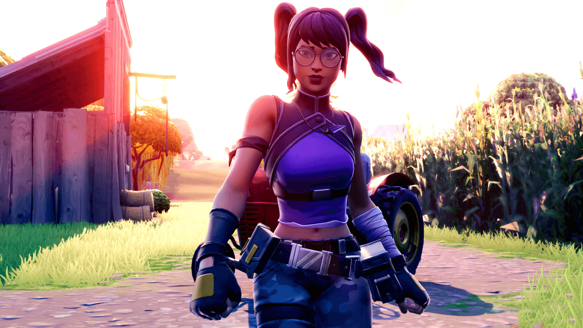 電玩遊戲 桌布 壁紙 — 一個紫色辮子戴眼鏡的Fortnite角色自信地站在陽光明媚的鄉村環境中，身後有穀倉和玉米田。