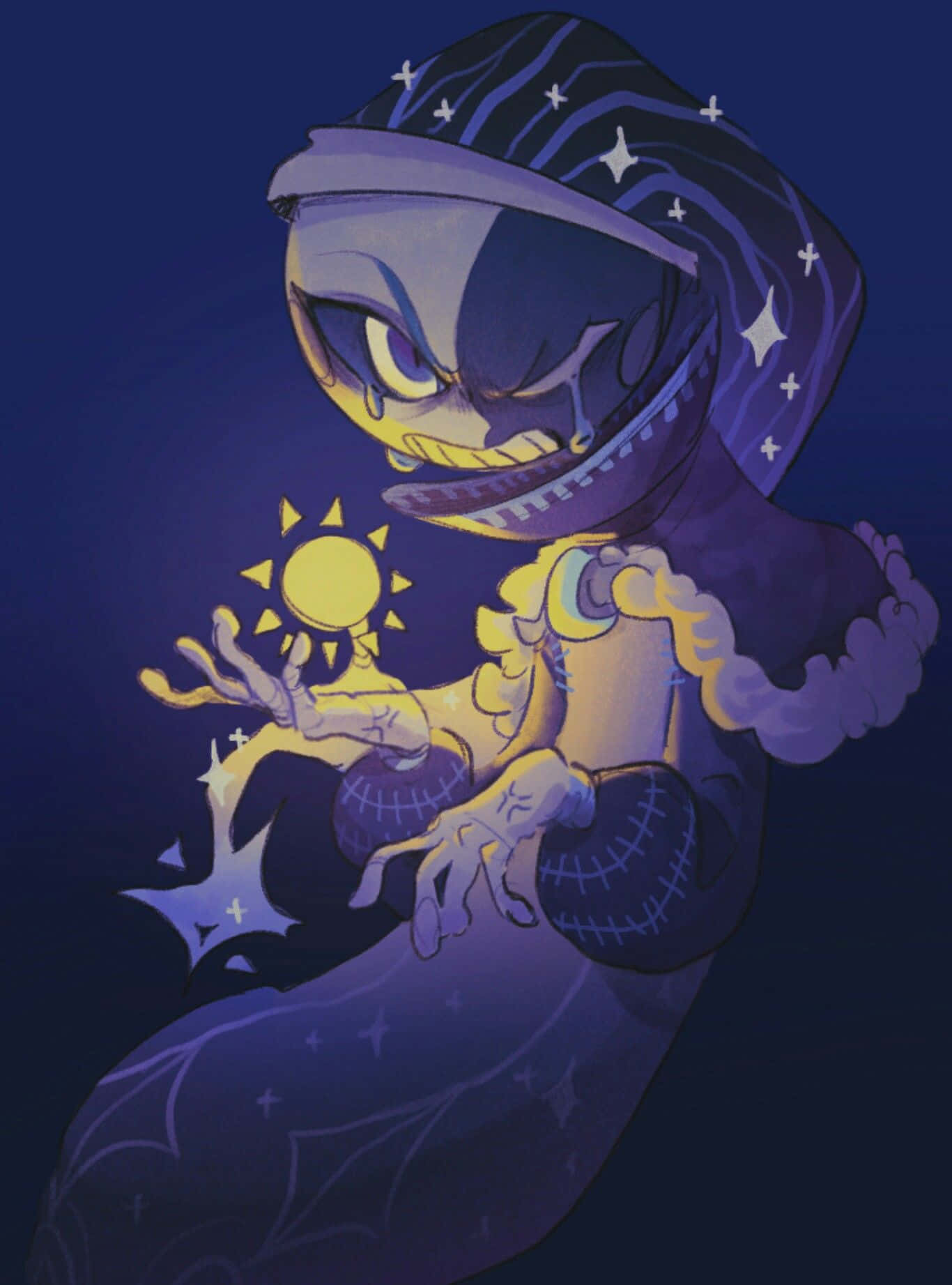 電玩遊戲 桌布 壁紙 — 一個紫色連帽、皮膚縫合的動漫角色，在繁星點點的夜空下拿著發光的太陽球體。