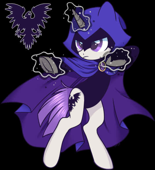 Teen Titans Go Raven 桌布 壁紙 — 一個紫色連帽動漫角色，眼睛發光，在黑色背景上揮舞宇宙武器，旁邊有一隻烏鴉。