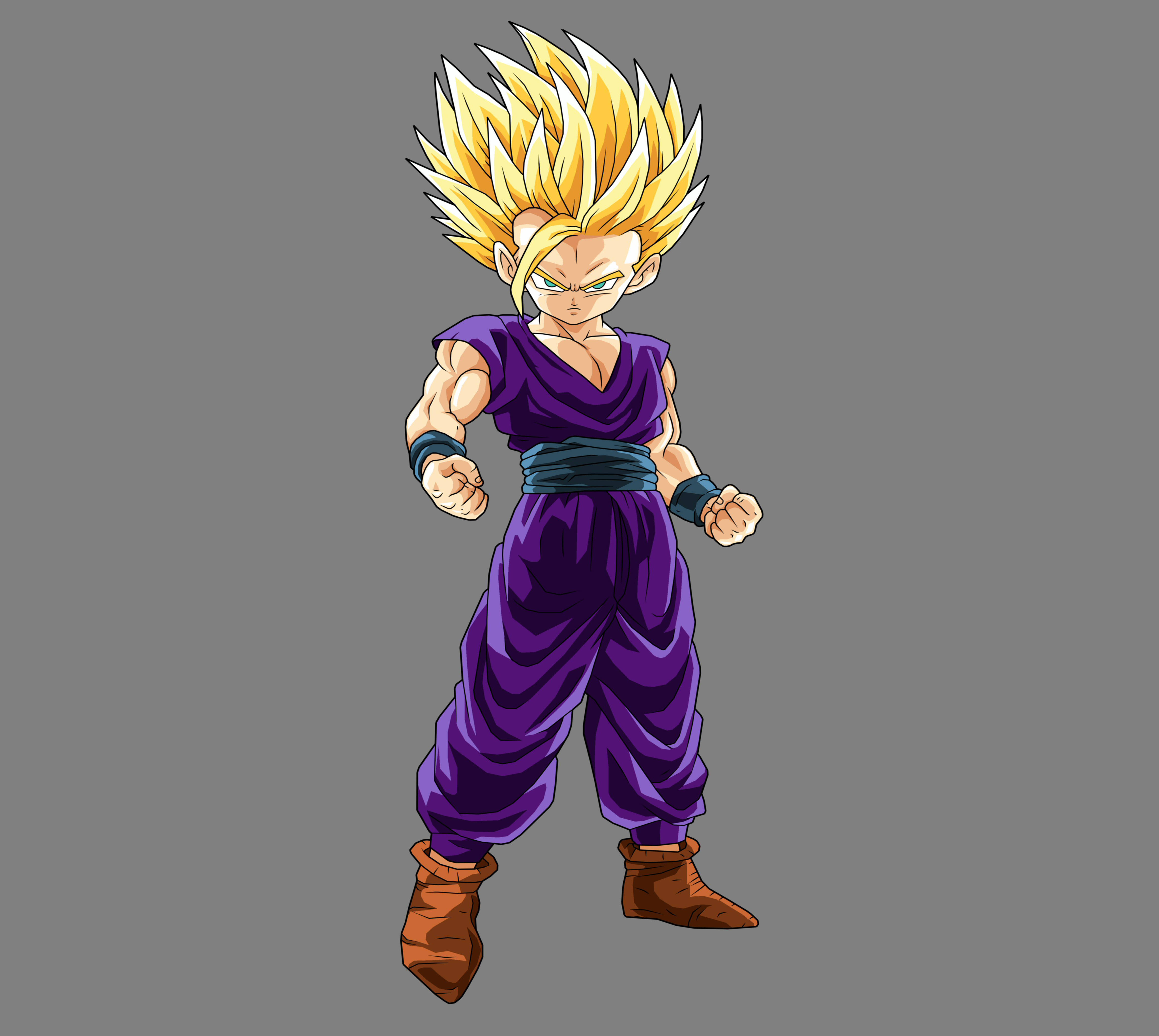 Gohan 桌布 壁紙 — 一個紫色道服、刺蝟頭動漫戰士，握緊拳頭，準備好面對純灰色背景。