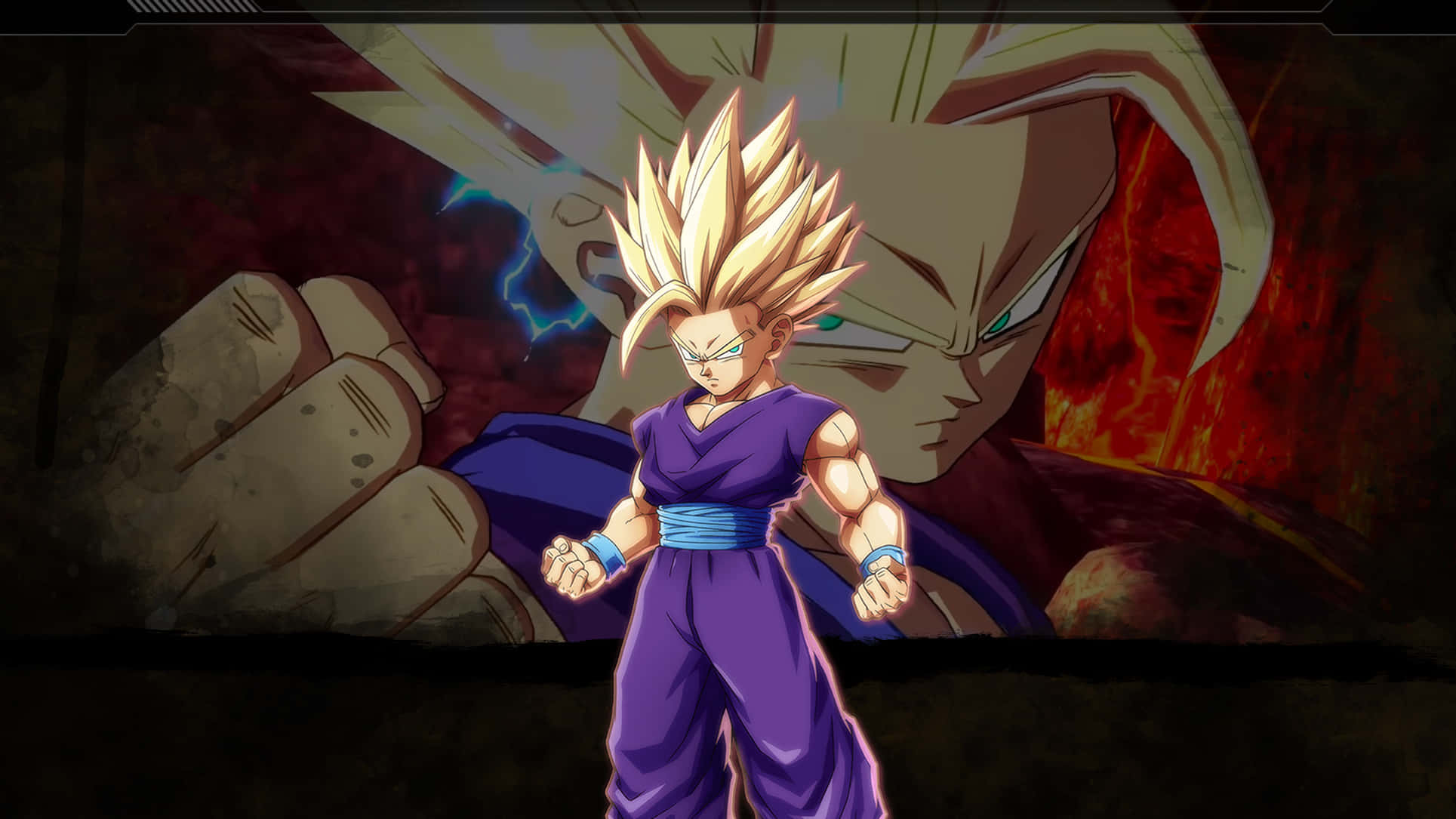 Teen Gohan 桌布 壁紙 — 一個紫色道服、刺蝟頭的動漫戰士挑釁地站著，身後一個巨大的陰影面孔散發著發光的眼睛和劈啪作響的能量。