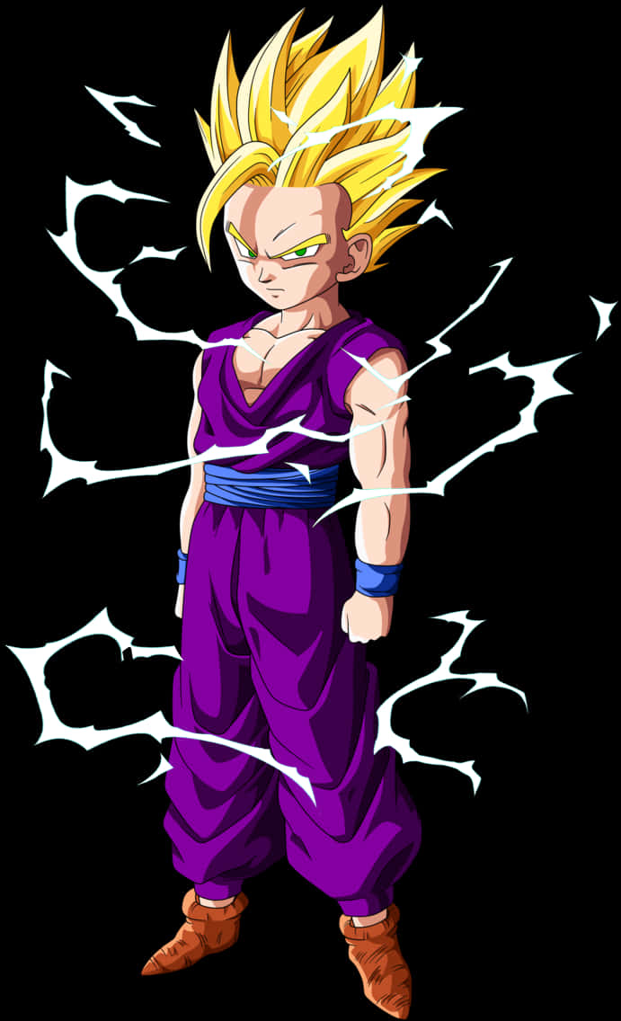 Gohan 桌布 壁紙 — 一個紫色道服、刺蝟頭髮的動漫戰士，在黑色背景上伴隨著白色能量閃電，強勢站立。