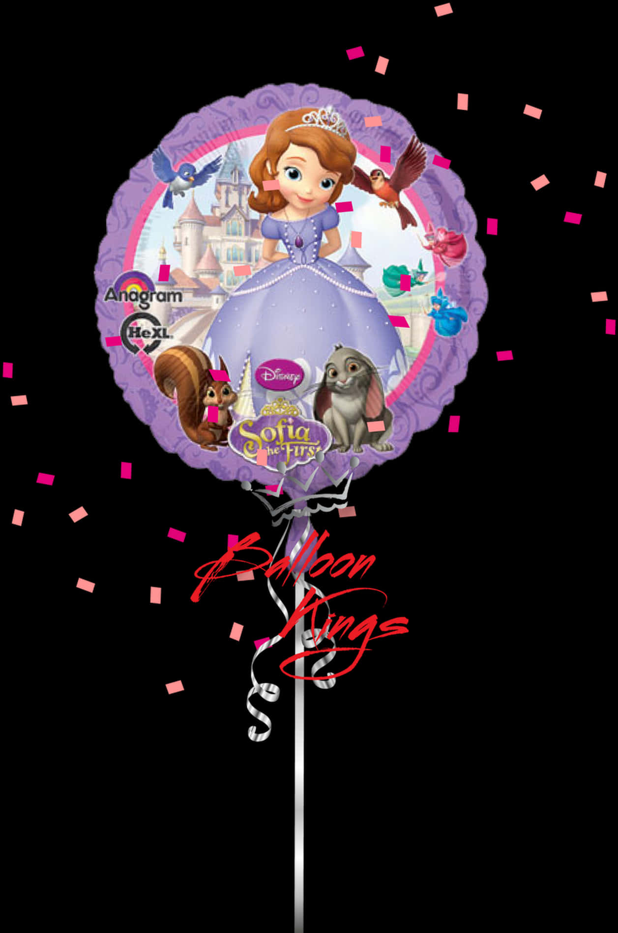 Sofia The First 桌布 壁紙 — 一個紫色錫箔氣球，上面有蘇菲亞公主被她的動物朋友和城堡包圍，黑色背景上有粉紅色五彩紙屑。