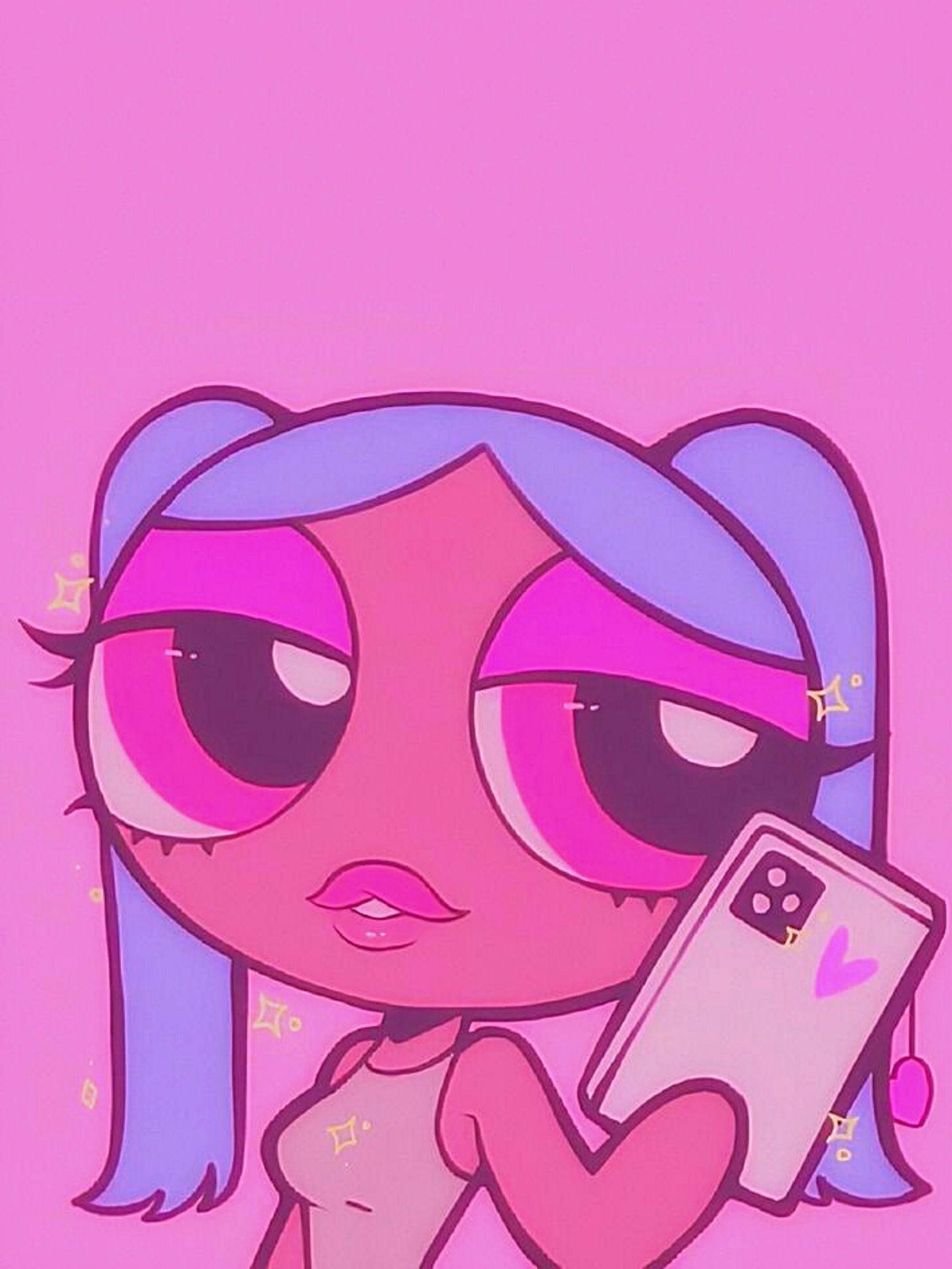 Powerpuff Girls 桌布 壁紙 — 一個紫色雙馬尾、粉紅色眼睛的卡通女孩，在純粉紅色背景前拿著手機。