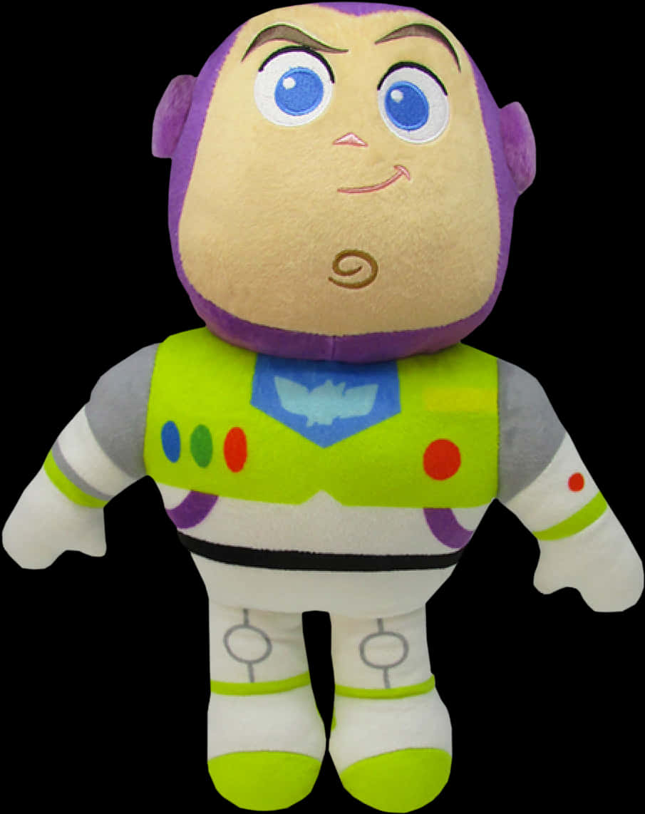 Toy Story Characters 桌布 壁紙 — 一個紫色頭盔、藍色眼睛和綠色背心的絨毛巴斯光年玩具站在黑色背景前。