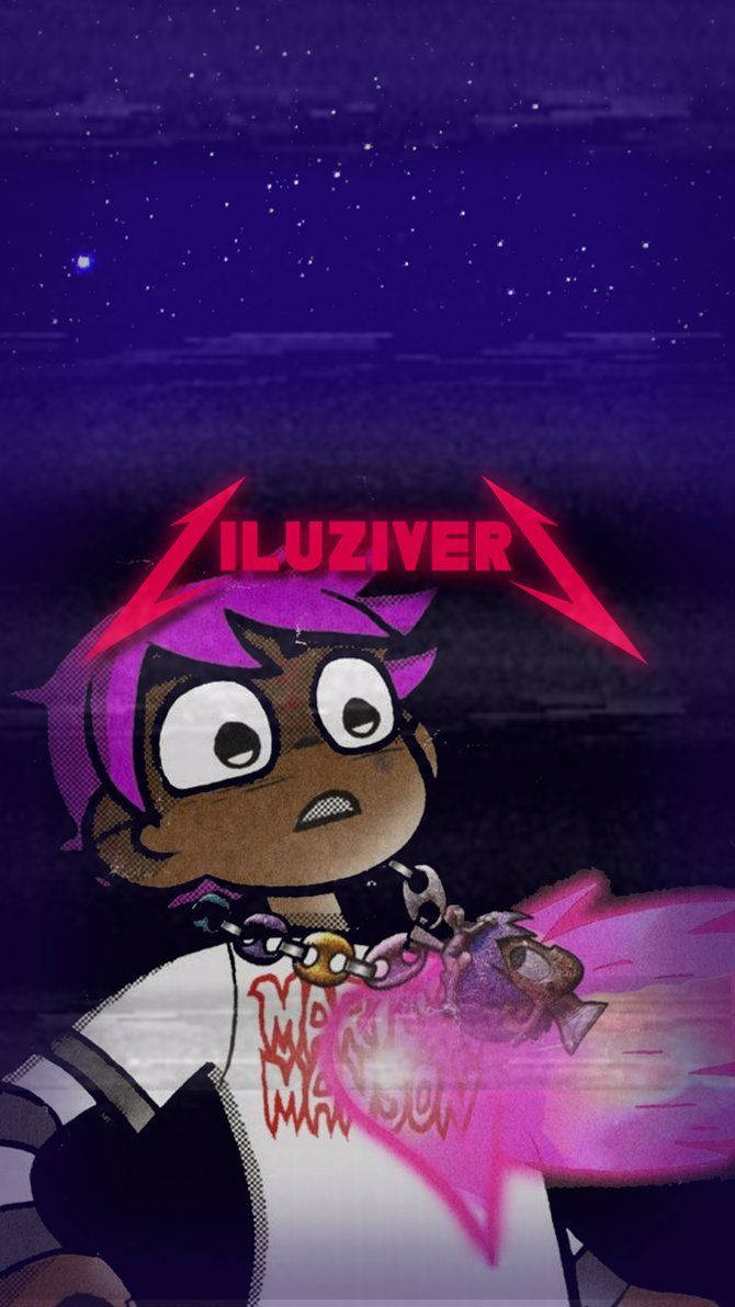 Uzi 桌布 壁紙 — 一個紫色頭髮、大眼睛的卡通角色，在滿天星斗的紫色天空下，手持一把發光的粉紅色劍。