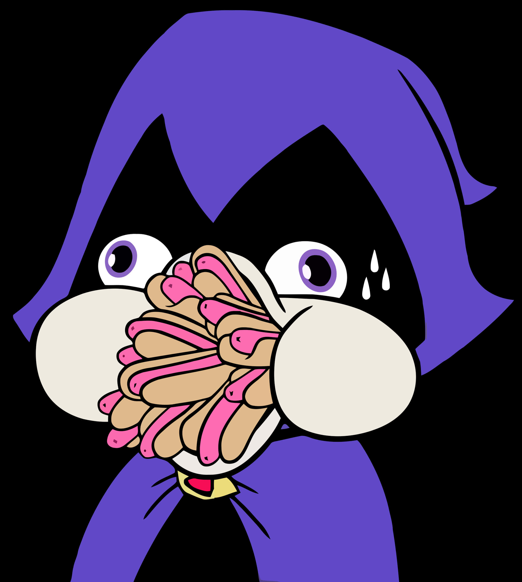 Teen Titans Go Raven 桌布 壁紙 — 一個紫色頭髮、大眼睛的卡通角色，在黑色背景前緊張地流汗，用雙手捂住嘴巴。