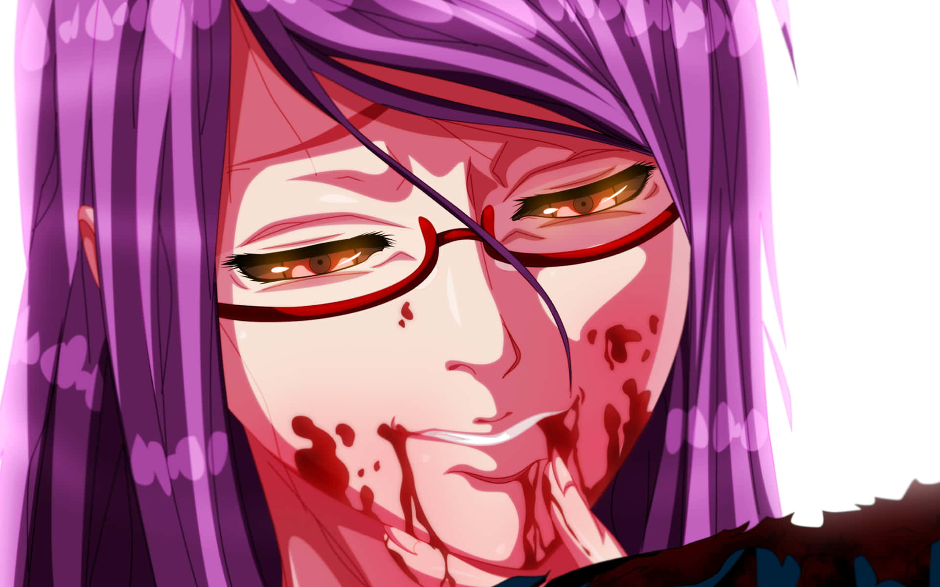 Rize Kamishiro 桌布 壁紙 — 一個紫色頭髮、戴紅色眼鏡的動漫角色特寫，臉上滴著血，背景是純白色。