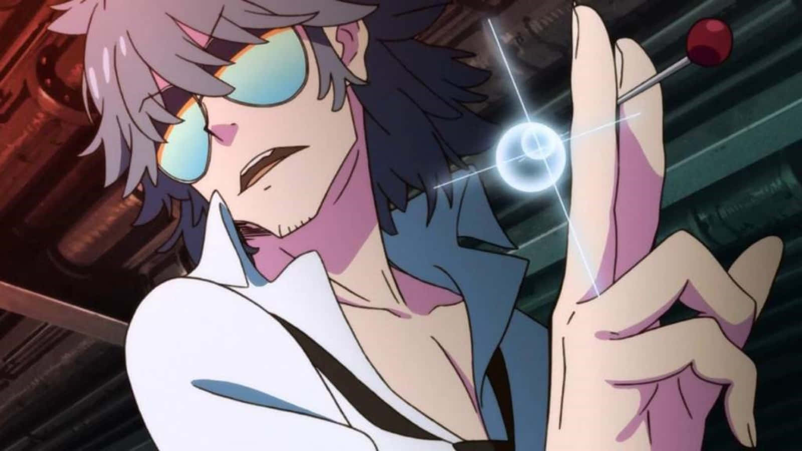 Aikuro Mikisugi 桌布 壁紙 — 一個紫色頭髮、戴著太陽眼鏡的動漫角色，在黑暗機械背景前，手持一根頂端發光球體的棒子。