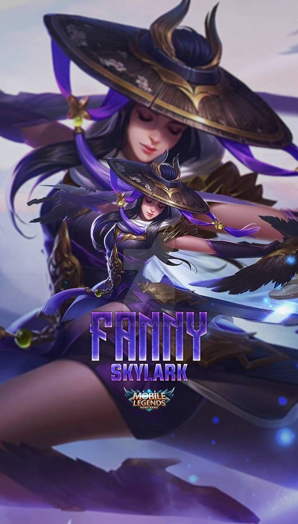 來自《Mobile Legends》的動漫角色 Fanny Skylark，身穿紫色奇幻盔甲，手持發光劍。 — Mobile Legends 動態圖 壁紙