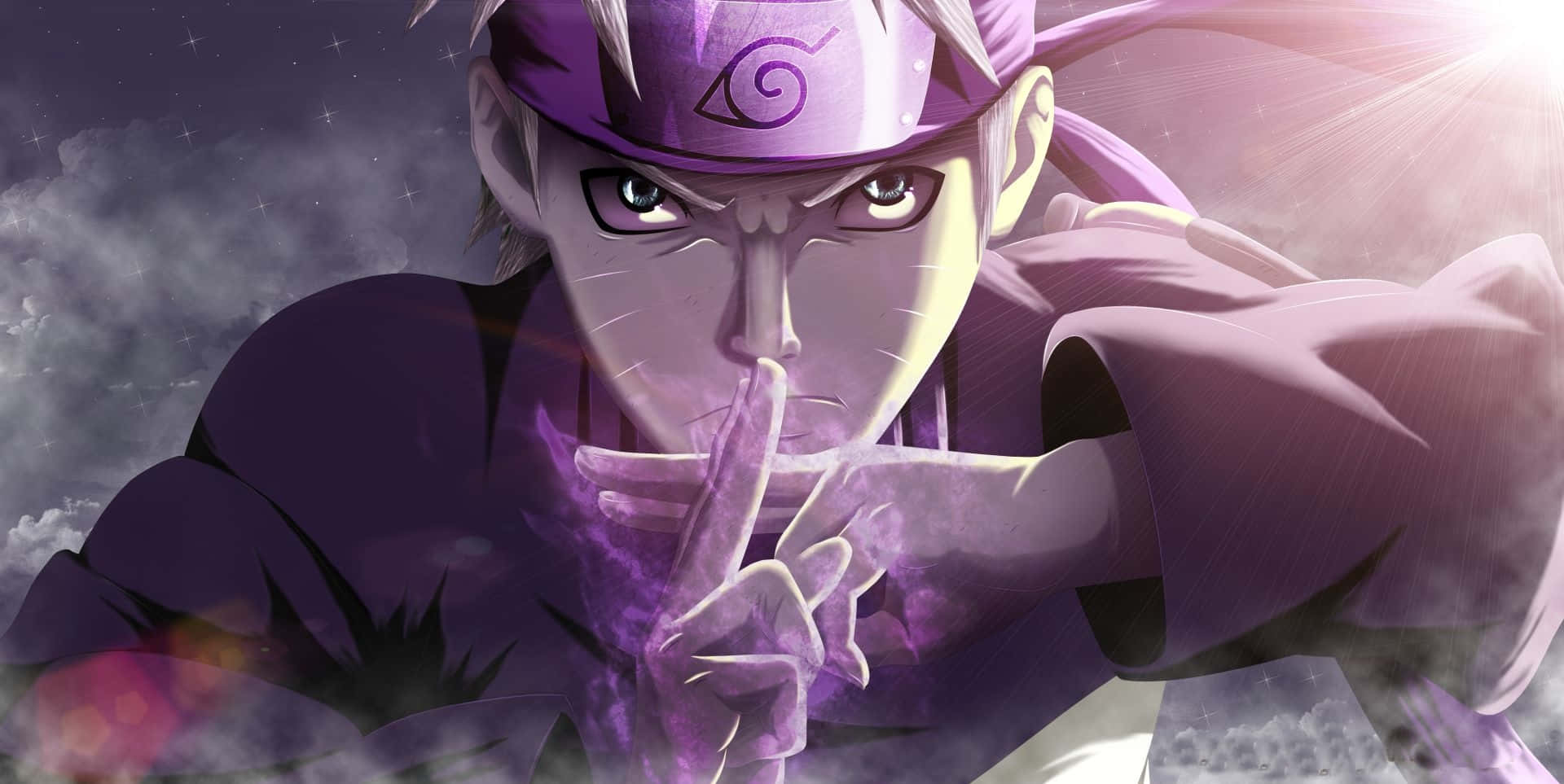 Purple Anime 桌布 壁紙 — 一個紫色頭髮、戴著頭帶的動漫角色，在繁星點點的暮色天空下做出噤聲手勢。