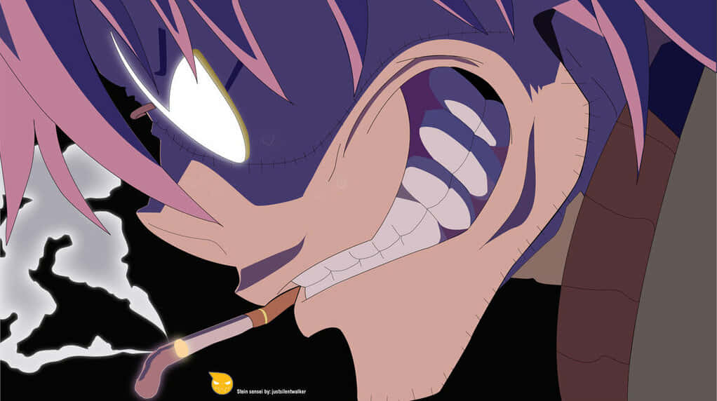 Villain 桌布 壁紙 — 一個紫色頭髮、發光眼睛的動漫角色特寫，在黑暗背景中叼著煙冷笑。
