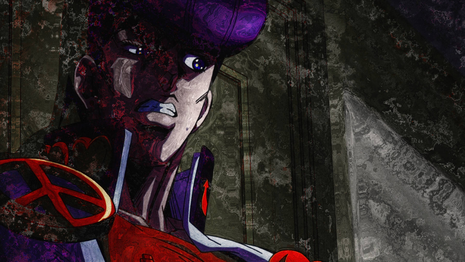 Josuke 桌布 壁紙 — 一個紫色頭髮、紅色服裝的粗獷動漫角色，在破敗的城市背景下強烈凝視。