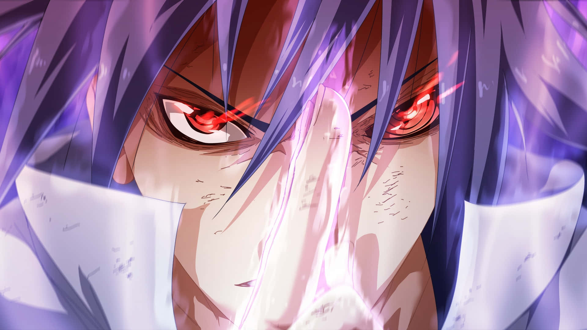 Rinnegan 桌布 壁紙 — 一個紫色頭髮、紅色發光眼睛的動漫角色特寫，專注地握著一把發光的劍。