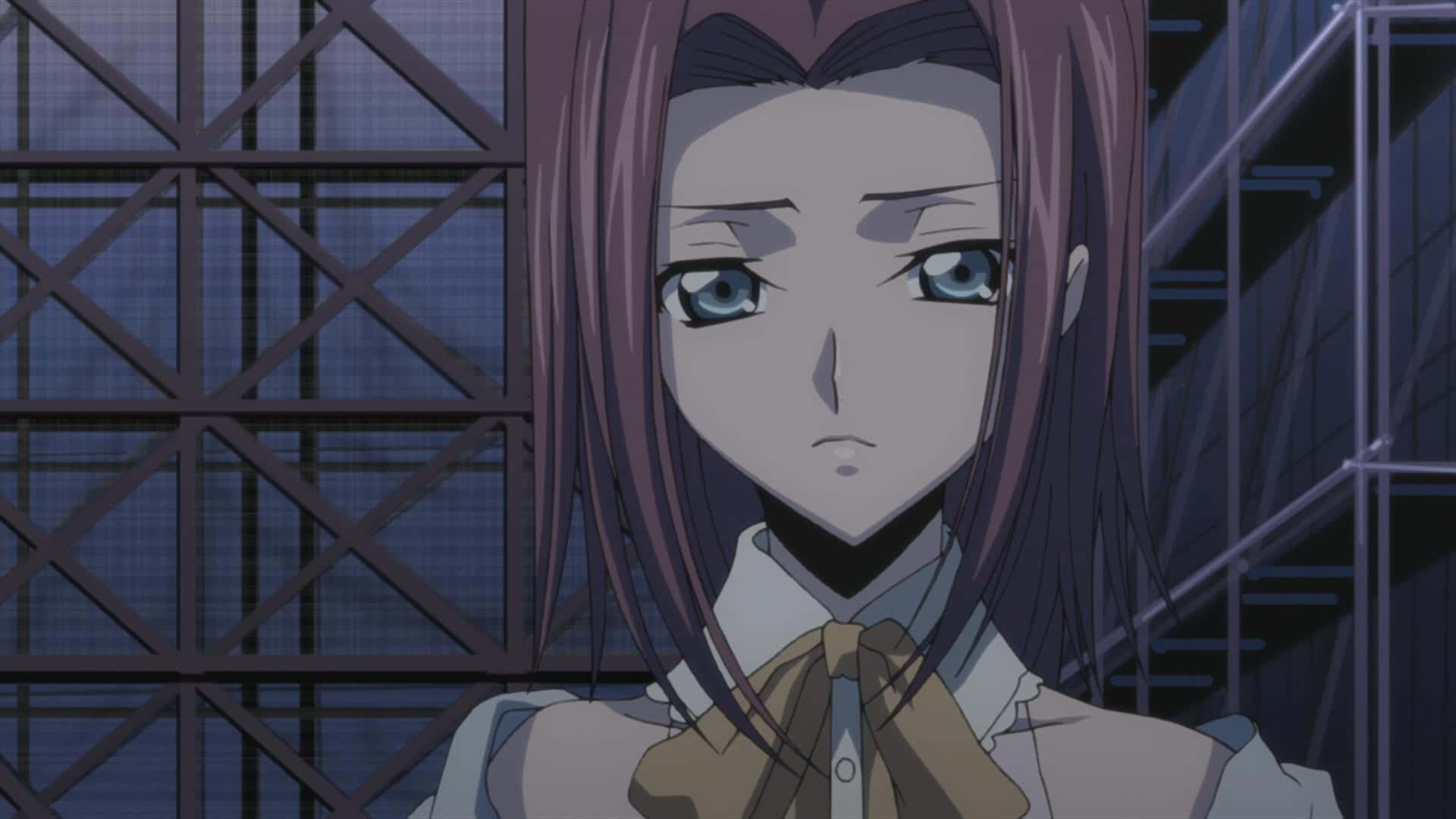 Kallen Stadtfeld 桌布 壁紙 — 一個紫色頭髮、藍色眼睛的動漫女孩穿著校服，背景是深色金屬網格的近距離特寫。