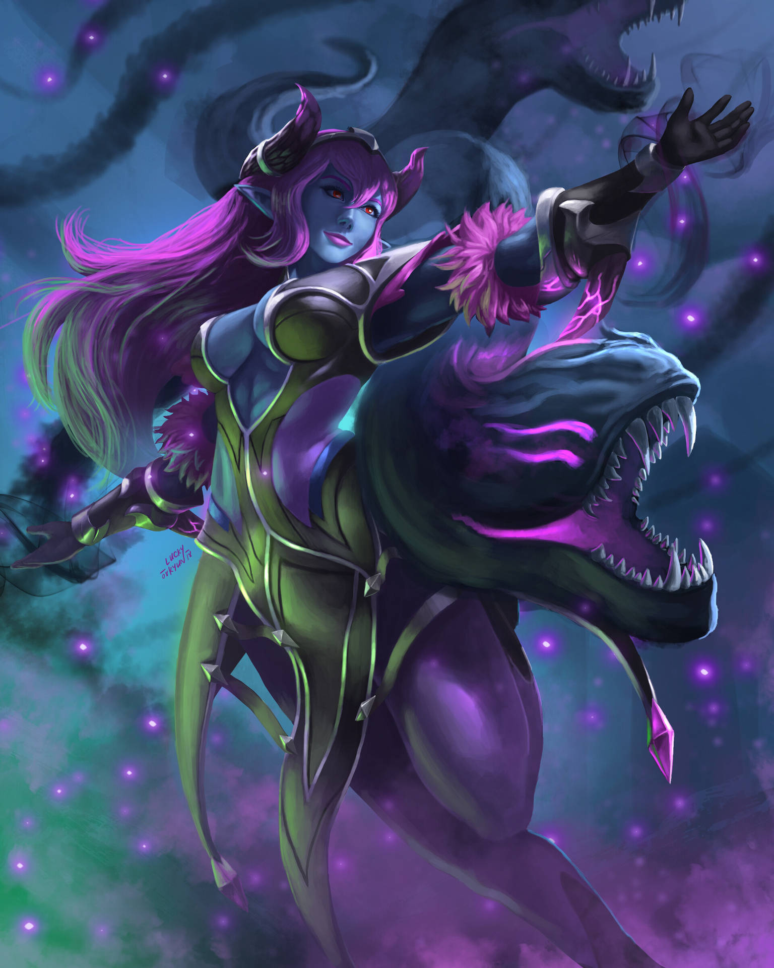 Mobile Legends 動態圖 桌布 壁紙 — 一個紫色頭髮、身穿綠色盔甲的兇猛女惡魔，在宇宙星空背景下揮舞著發光的蛇形武器。