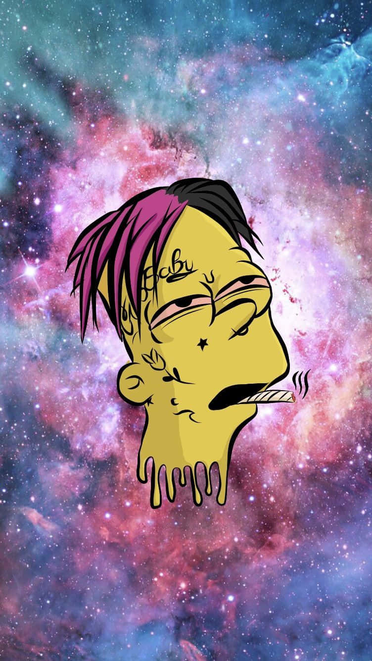 Bart Simpson Weed 桌布 壁紙 — 一個紫色頭髮和刺青的卡通角色在充滿活力的宇宙星雲背景下吸食大麻煙。