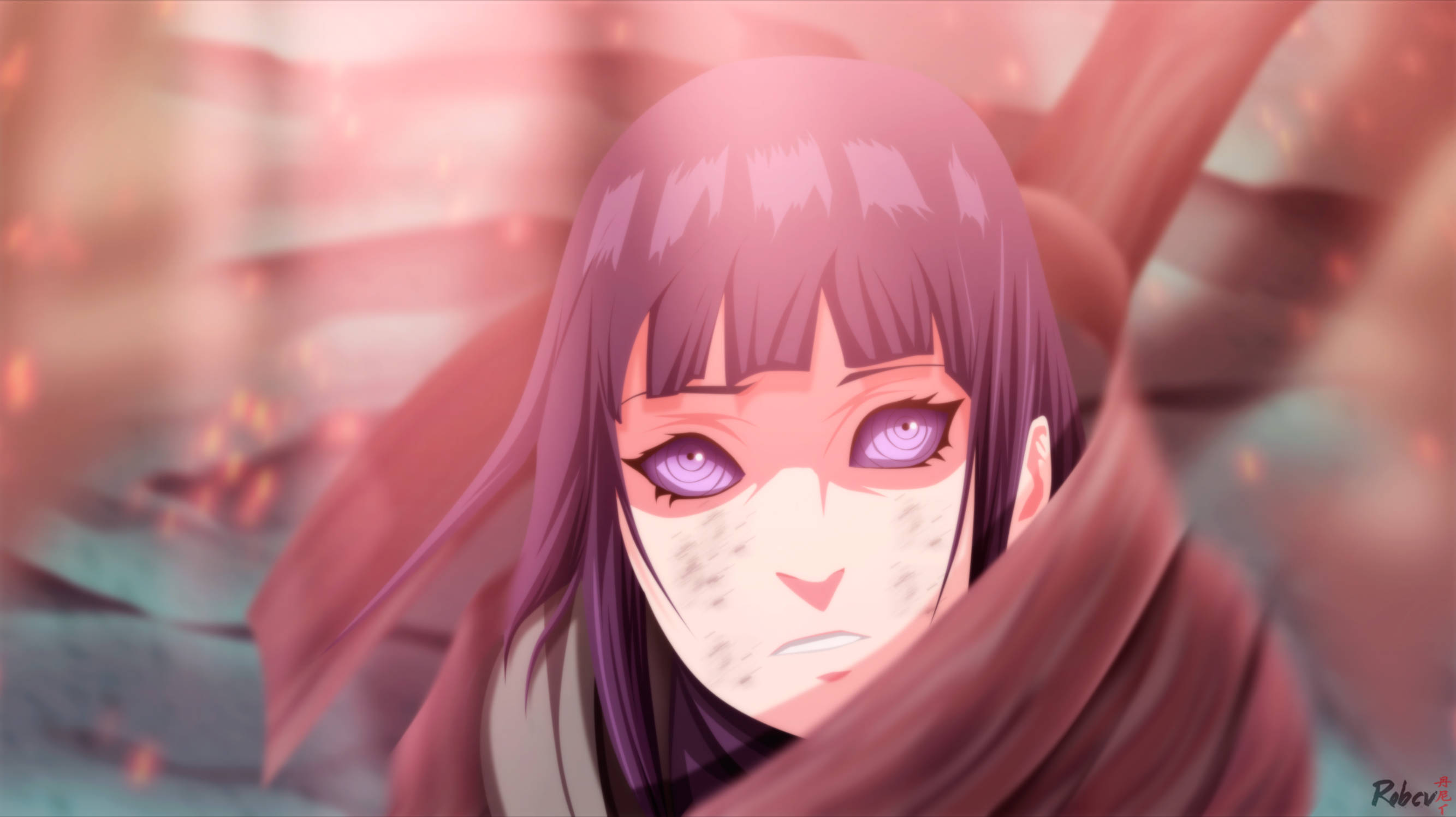 Hinata Hyuga 桌布 壁紙 — 一個紫色頭髮和眼睛的動漫女孩特寫，穿著紅色斗篷，背景是柔和的粉紅色和橙色模糊背景。