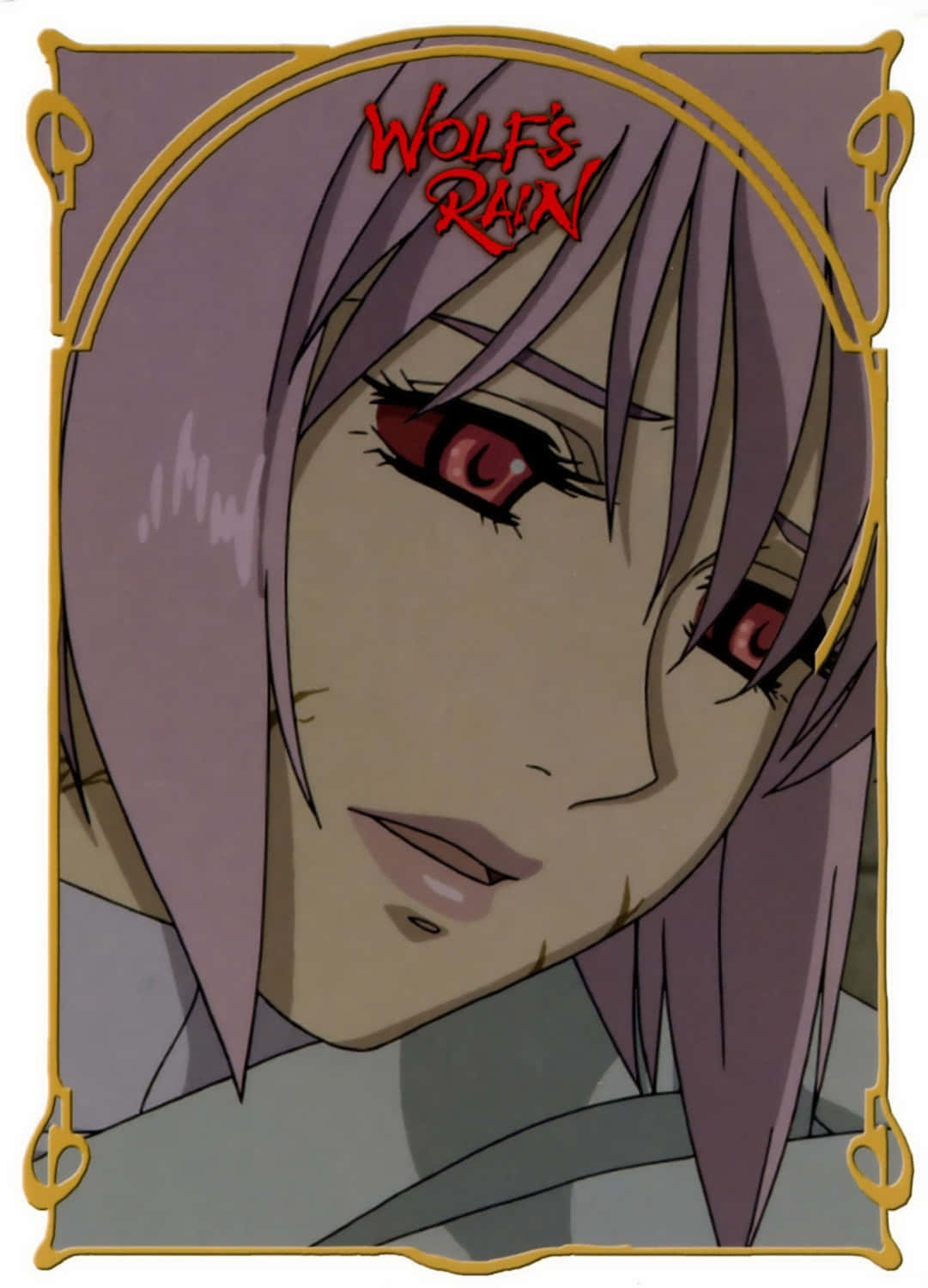 Wolf's Rain Cheza 桌布 壁紙 — 一個紫色頭髮和紅色眼睛角色的近距離動畫肖像，由帶有 'WOLF'S RAIN' 文字的金色邊框框住。