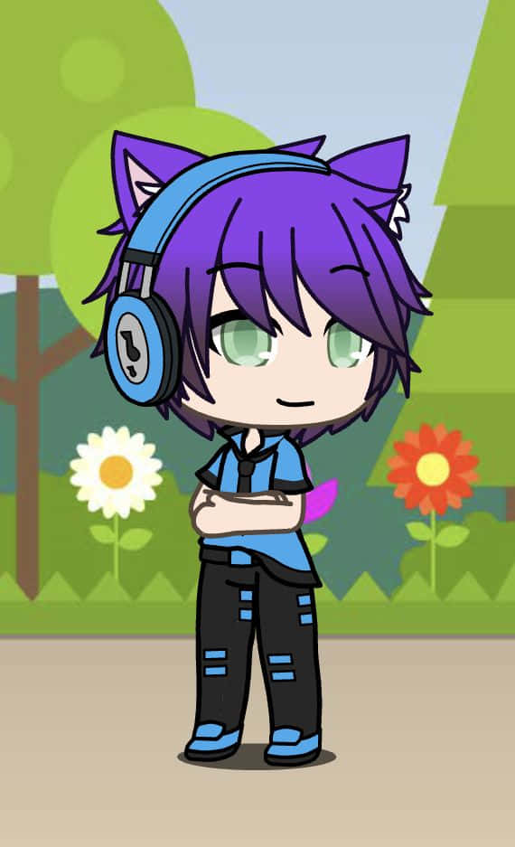 Cute Gacha Life Boy 桌布 壁紙 — 一個紫色頭髮和貓耳的chibi動漫角色自信地站在公園，戴著藍色耳機和藍色衣服。