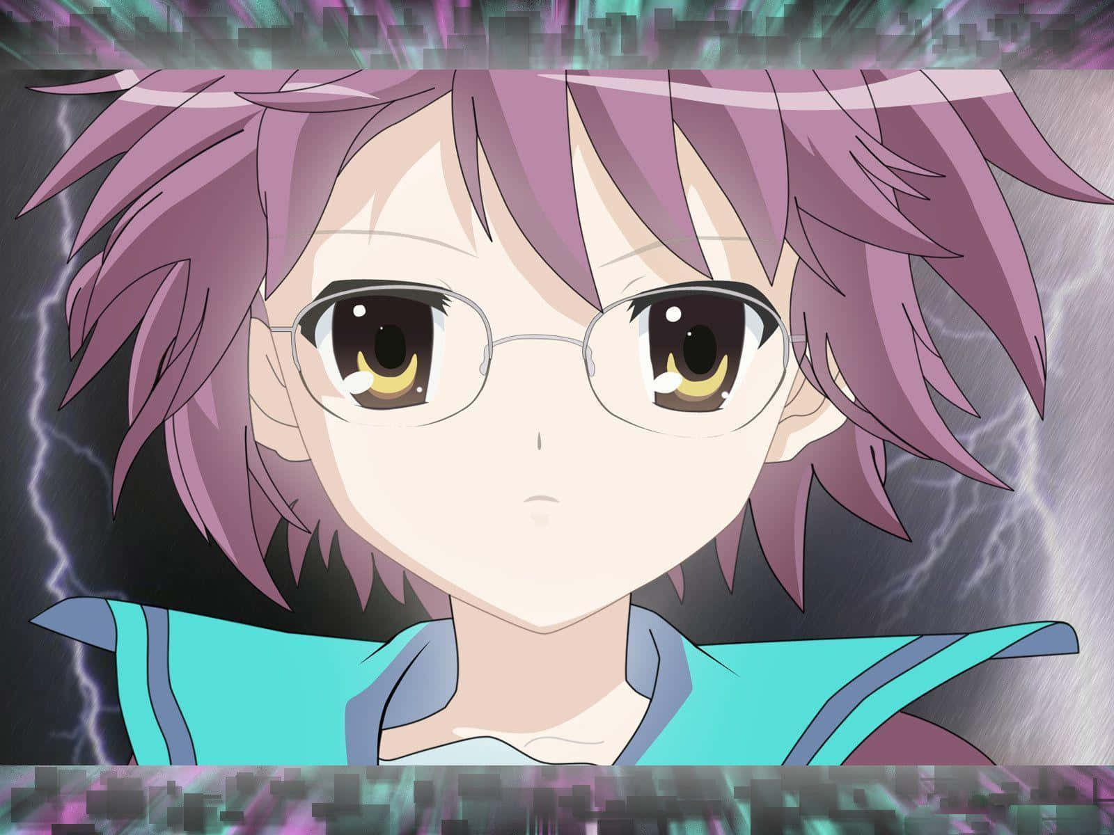Yuki Nagato 桌布 壁紙 — 一個紫色頭髮戴眼鏡的動漫女孩特寫，在暴風雨閃電的背景中平靜地凝視。