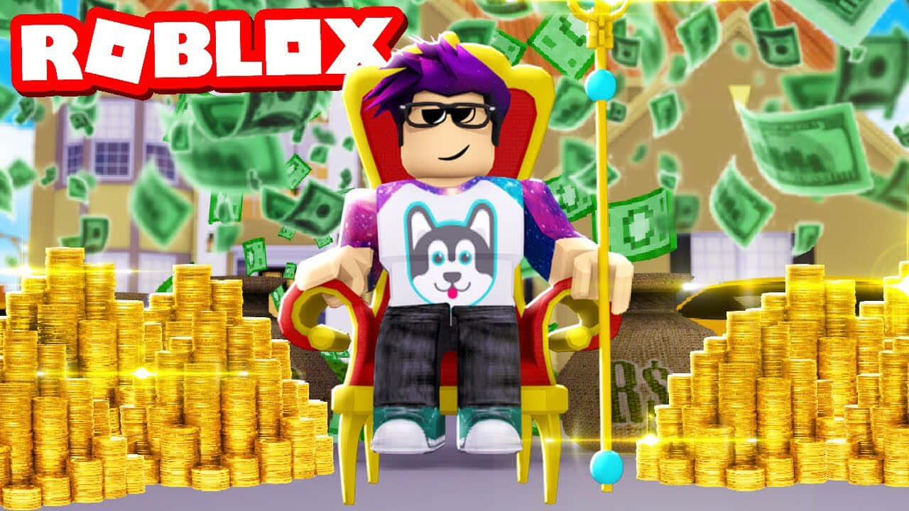 Roblox 桌布 壁紙 — 一個紫色頭髮的 Roblox 頭像坐在王座上，周圍環繞著掉落的錢幣和高聳的金幣堆。