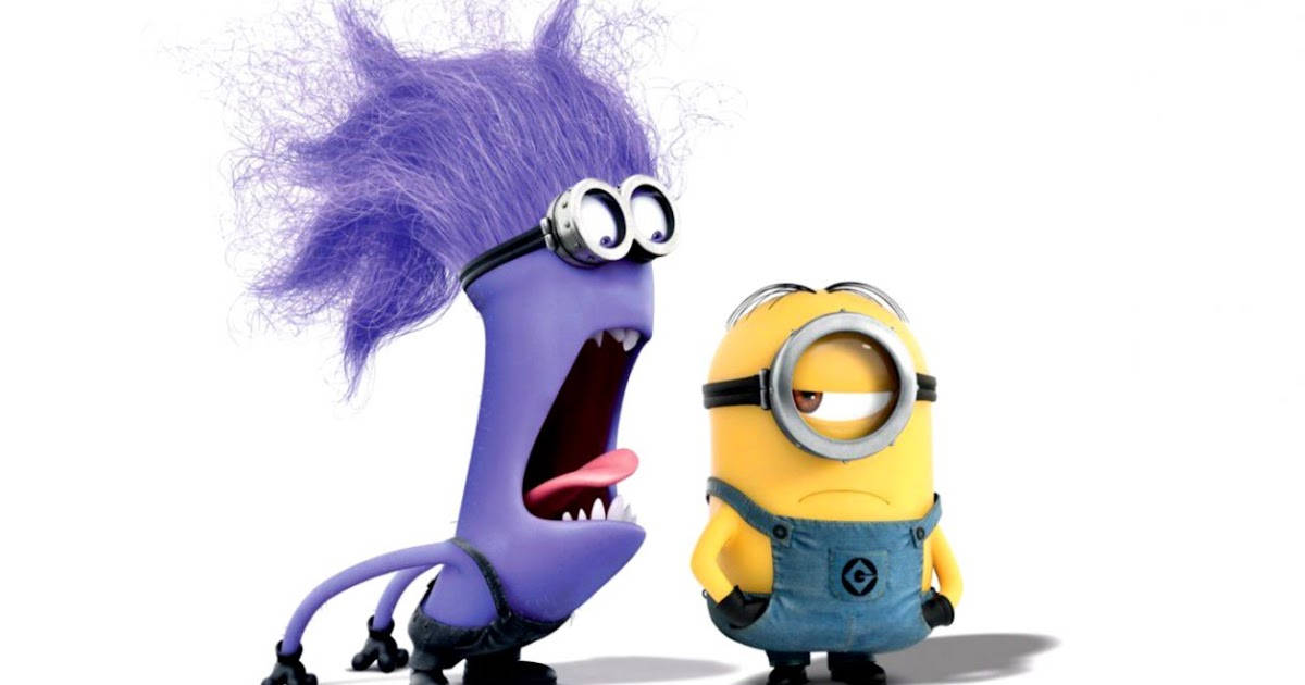 evil 桌布 壁紙 — 一個紫色頭髮的Minion，頭髮狂野，尖叫著，而一個黃色Minion在白色背景旁茫然地凝視著。