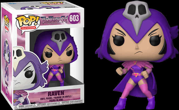 Teen Titans Go Raven 桌布 壁紙 — 一個紫色頭髮的Raven Funko Pop! 乙烯基人偶站在她的盒裝包裝旁邊，背景為黑色。