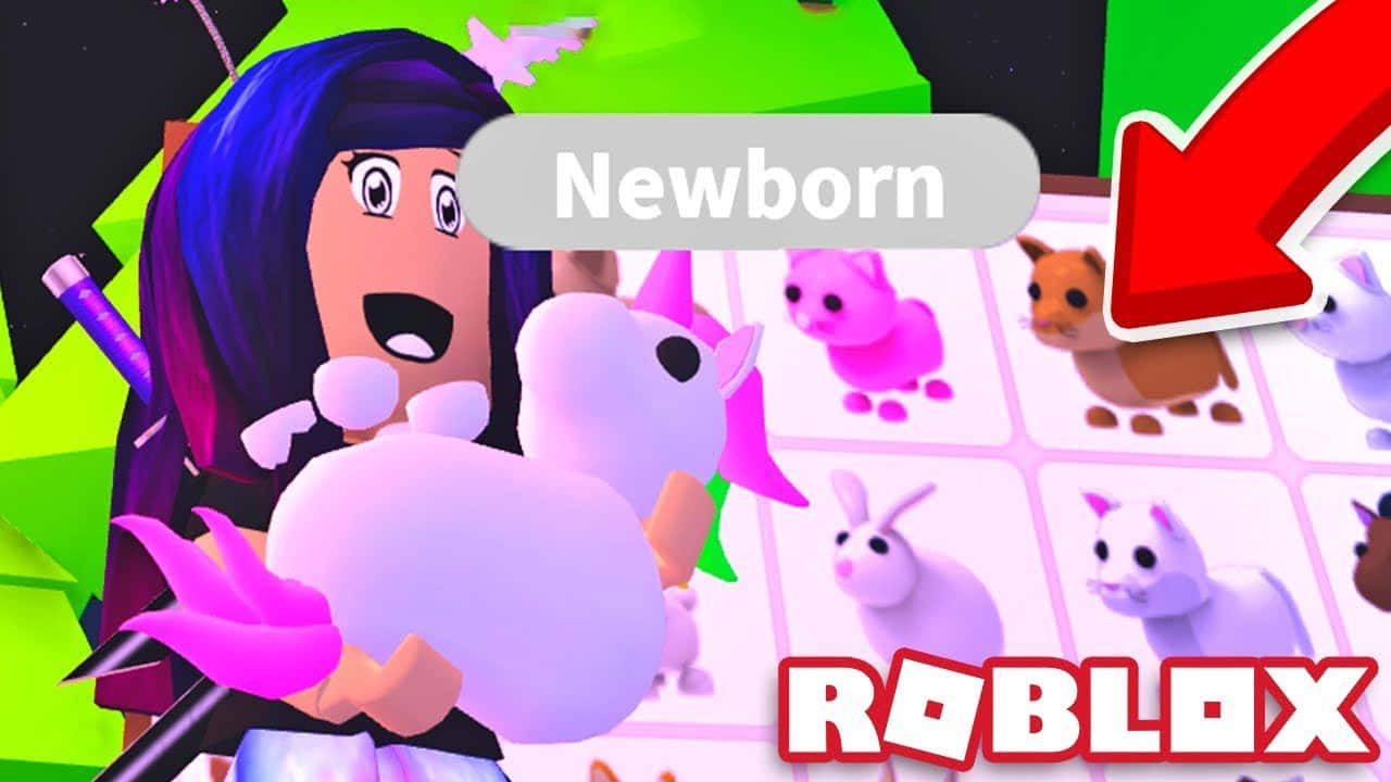 Roblox 桌布 壁紙 — 一個紫色頭髮的Roblox頭像抱著一隻粉紅色獨角獸，而'Newborn'橫幅在充滿活力的遊戲介面中突顯可愛的動物頭像。