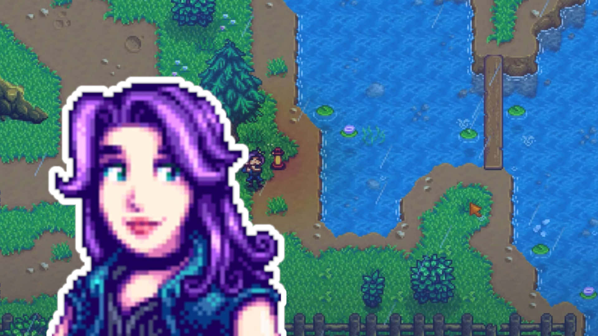 星露谷物語 桌布 壁紙 — 一個紫色頭髮的像素藝術角色疊加在Stardew Valley遊戲場景上，場景中有河邊碼頭和雨。