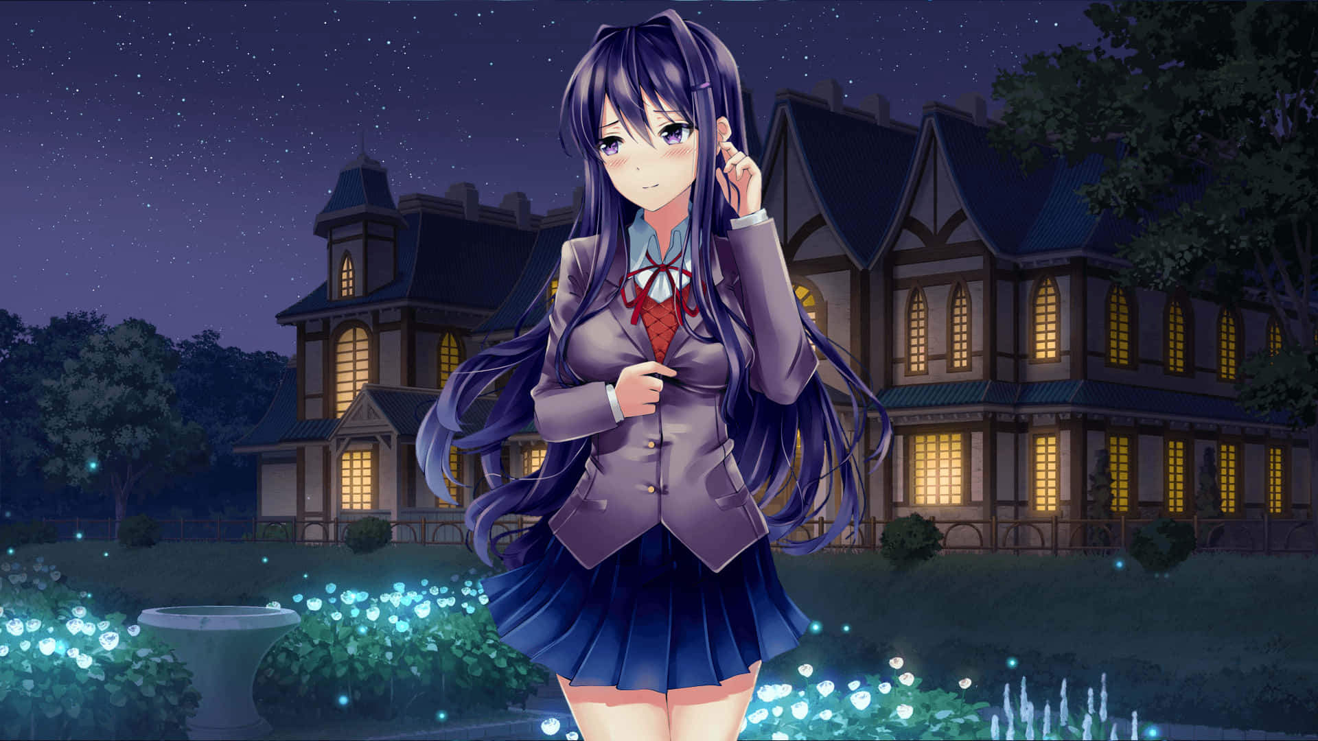 動漫女孩 桌布 壁紙 — 一個紫色頭髮的動漫女孩穿著校服，站在星空下發光的豪宅前。
