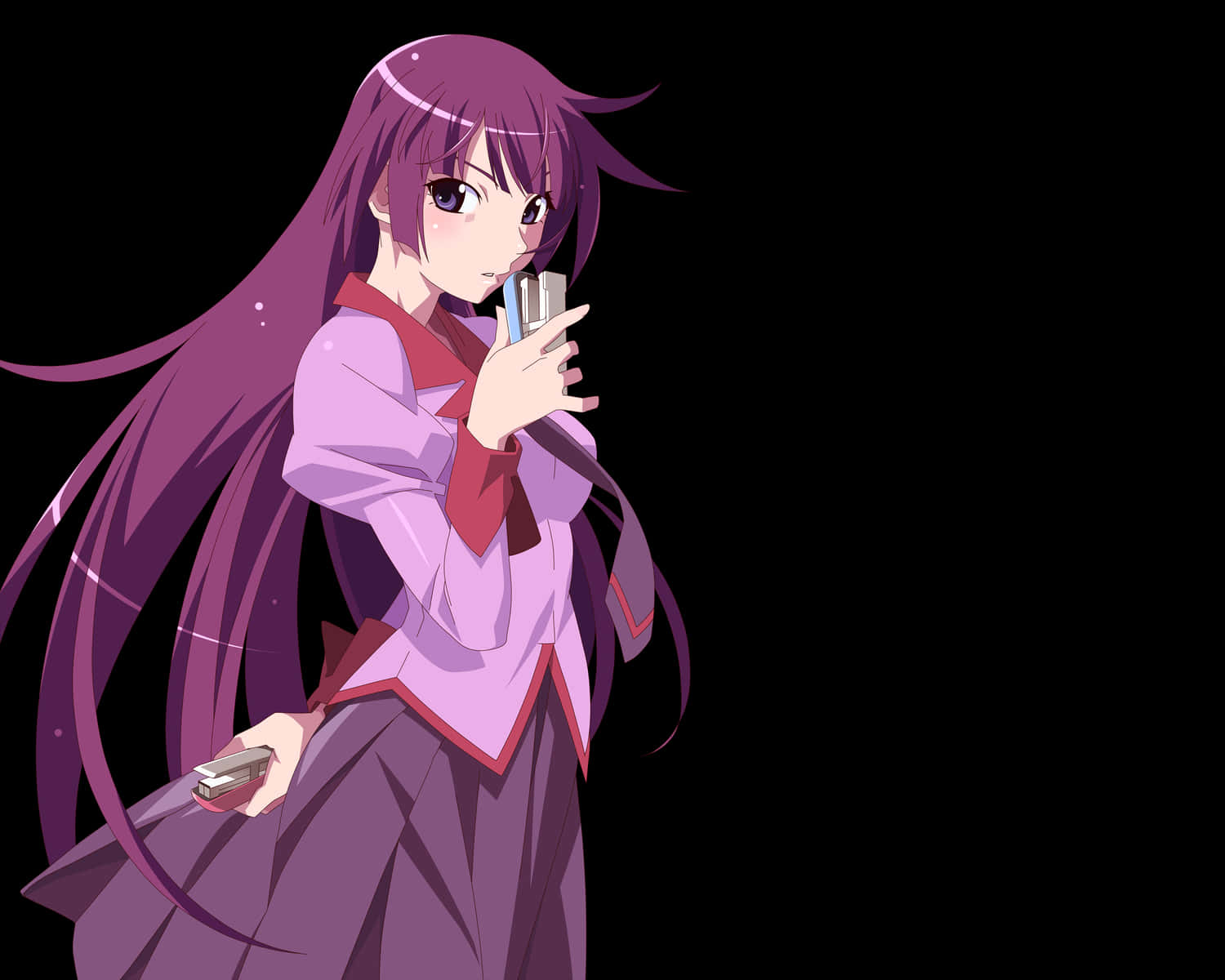 Monogatari 桌布 壁紙 — 一個紫色頭髮的動漫女孩穿著校服，在黑色背景前拿著手機。