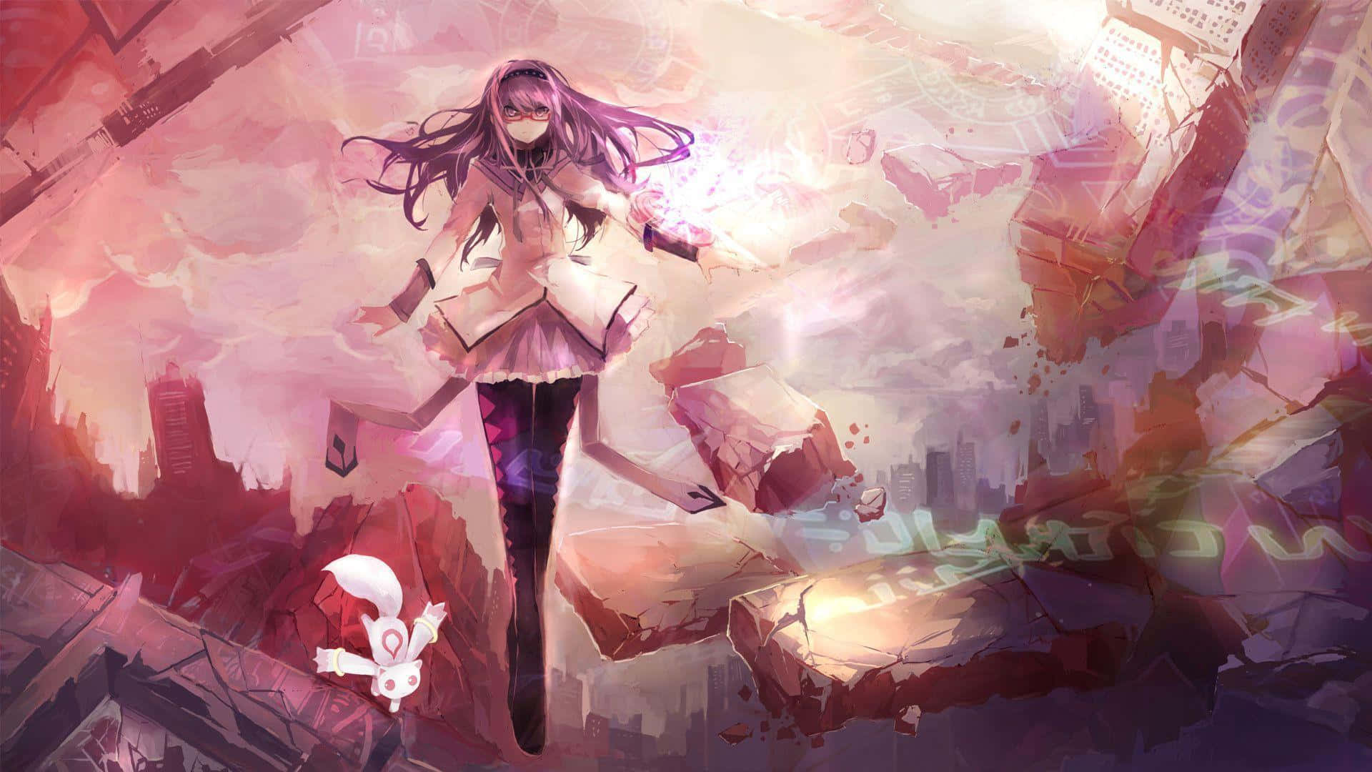魔法少女小圓 桌布 壁紙 — 一個紫色頭髮的動漫女孩穿著校服，在發光的粉紅色天空下漂浮在破碎的城市廢墟中。