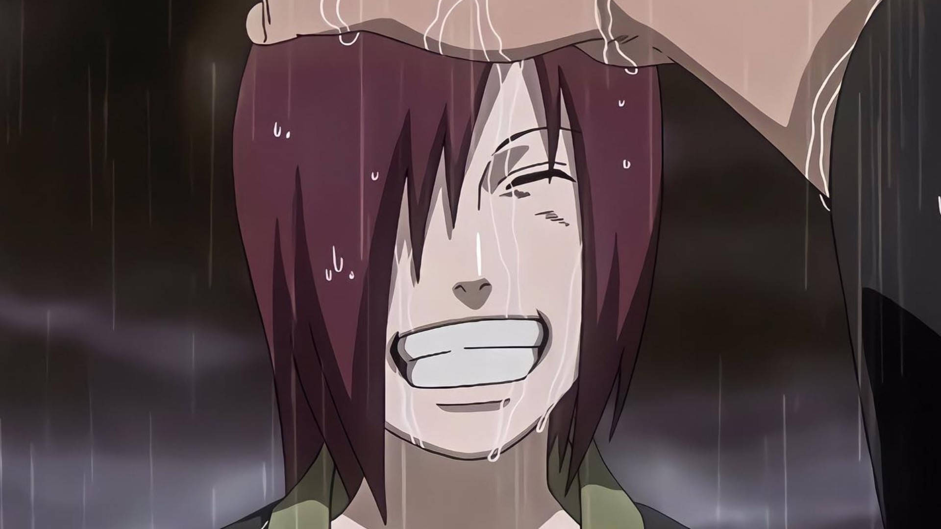Nagato 桌布 壁紙 — 一個紫色頭髮的動漫角色在避雨處下於大雨中開懷大笑。