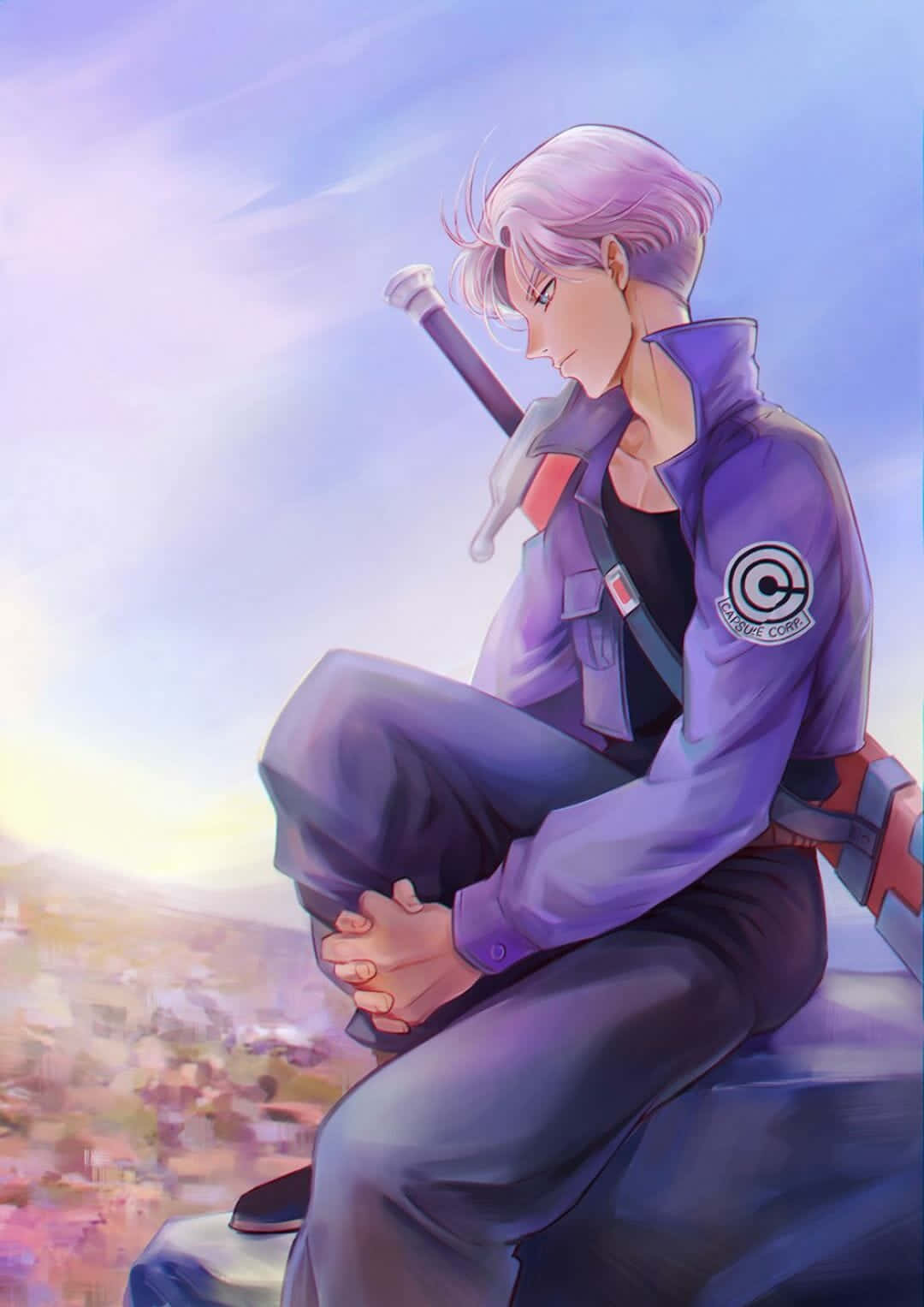 Trunks 桌布 壁紙 — 一個紫色頭髮的動漫角色坐在懸崖上，俯瞰夕陽下的城市景觀，肩上扛著一把劍。