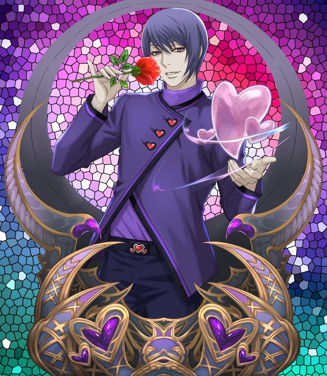 Shuu Tsukiyama 桌布 壁紙 — 一個紫色頭髮的動漫角色穿著紫色西裝，在充滿活力的馬賽克背景前拿著一朵紅玫瑰和發光的心形。