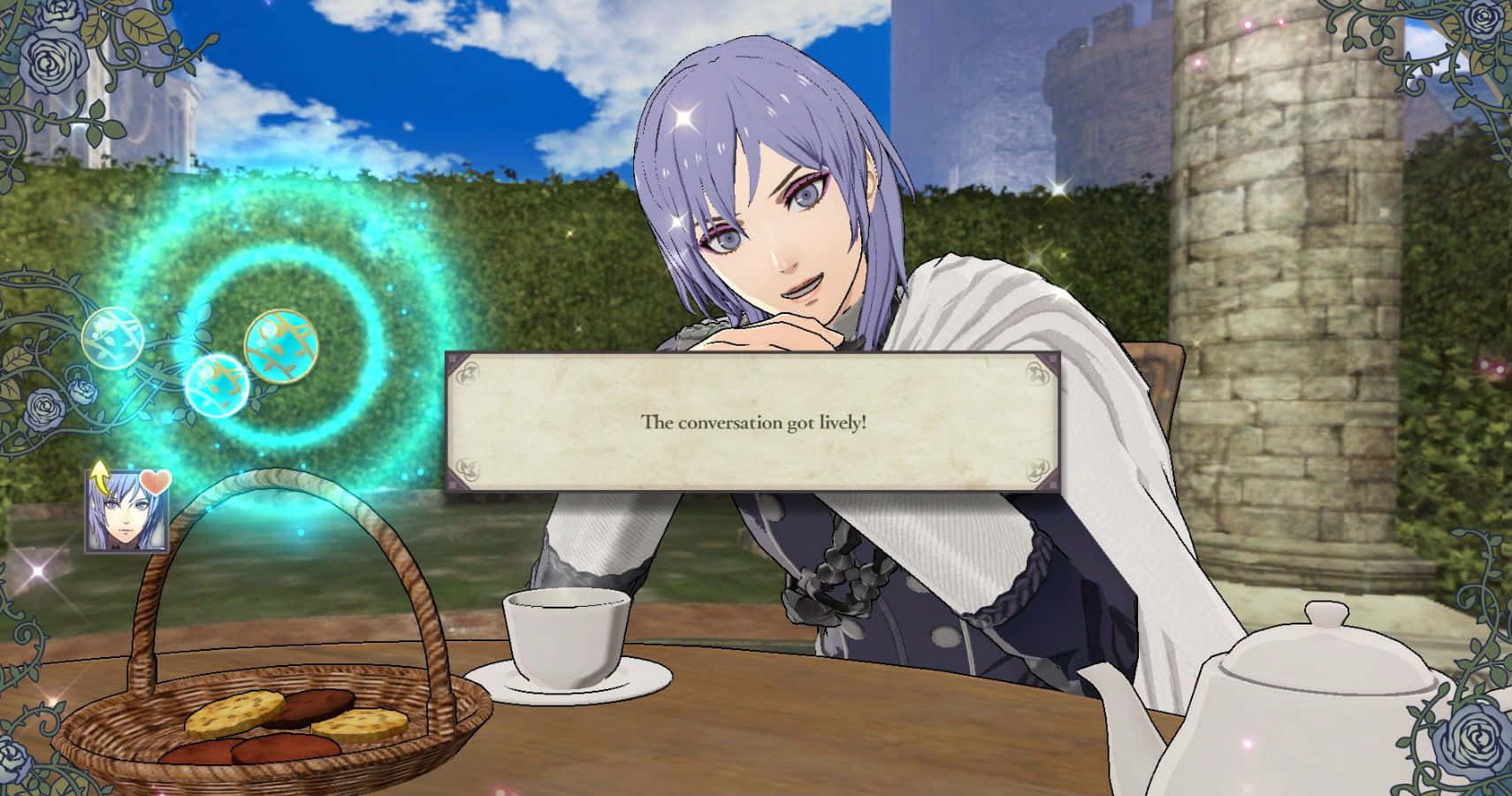 動漫角色在茶桌旁，背景有魔法陣和城堡。 — Fire Emblem Warriors 壁紙