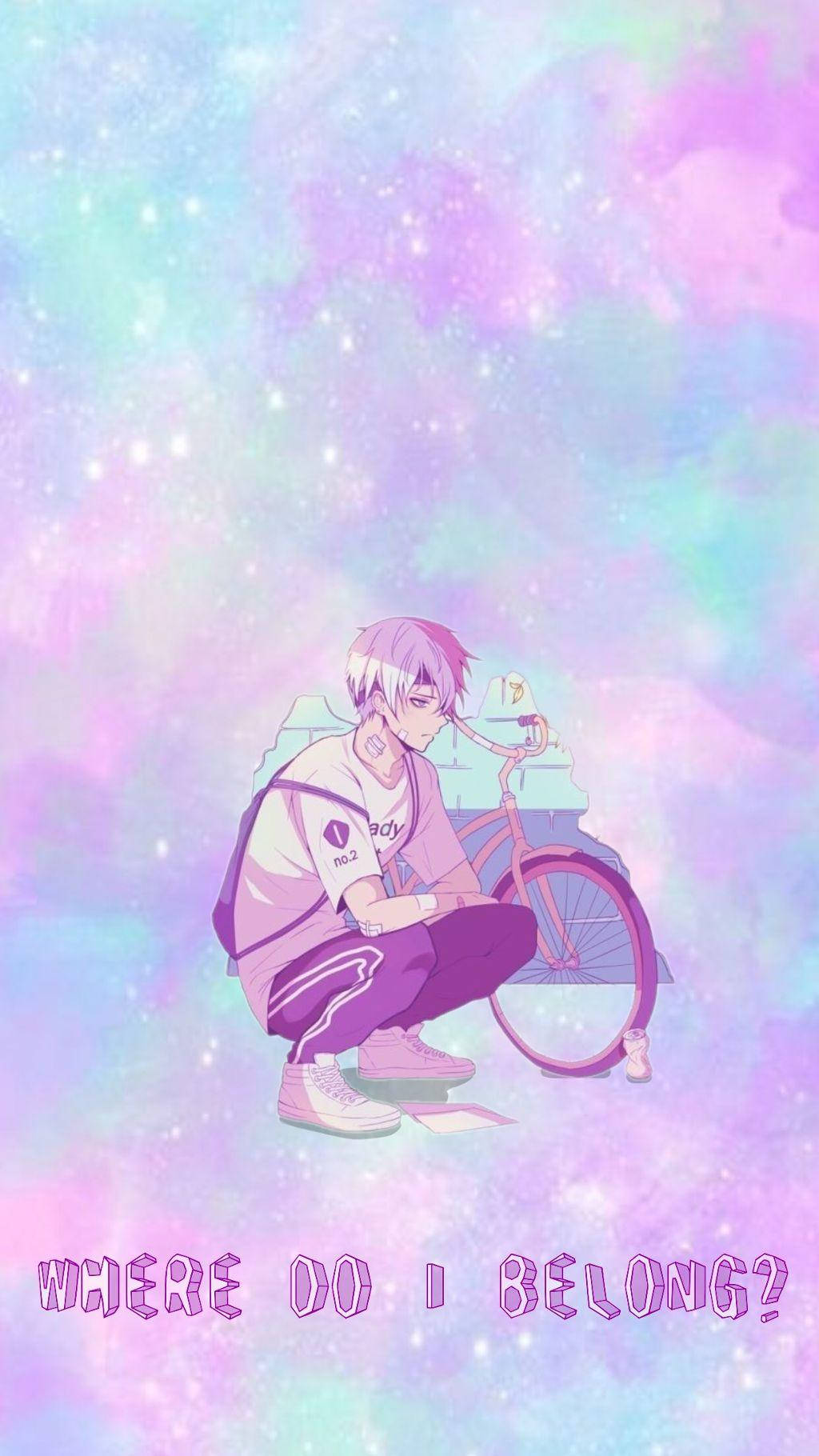 Aesthetic Anime Phone 桌布 壁紙 — 一個紫色頭髮的年輕動漫男孩坐在一輛粉紅色腳踏車旁邊，背景是夢幻的粉彩銀河天空，點綴著星星。