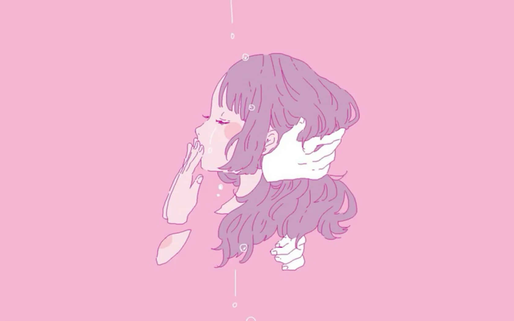 美學 iPad 壁紙 桌布 壁紙 — 一個紫色頭髮的細膩動漫女孩，在柔和的粉紅色背景下輕輕哭泣，溫柔的水滴從她的臉上落下。