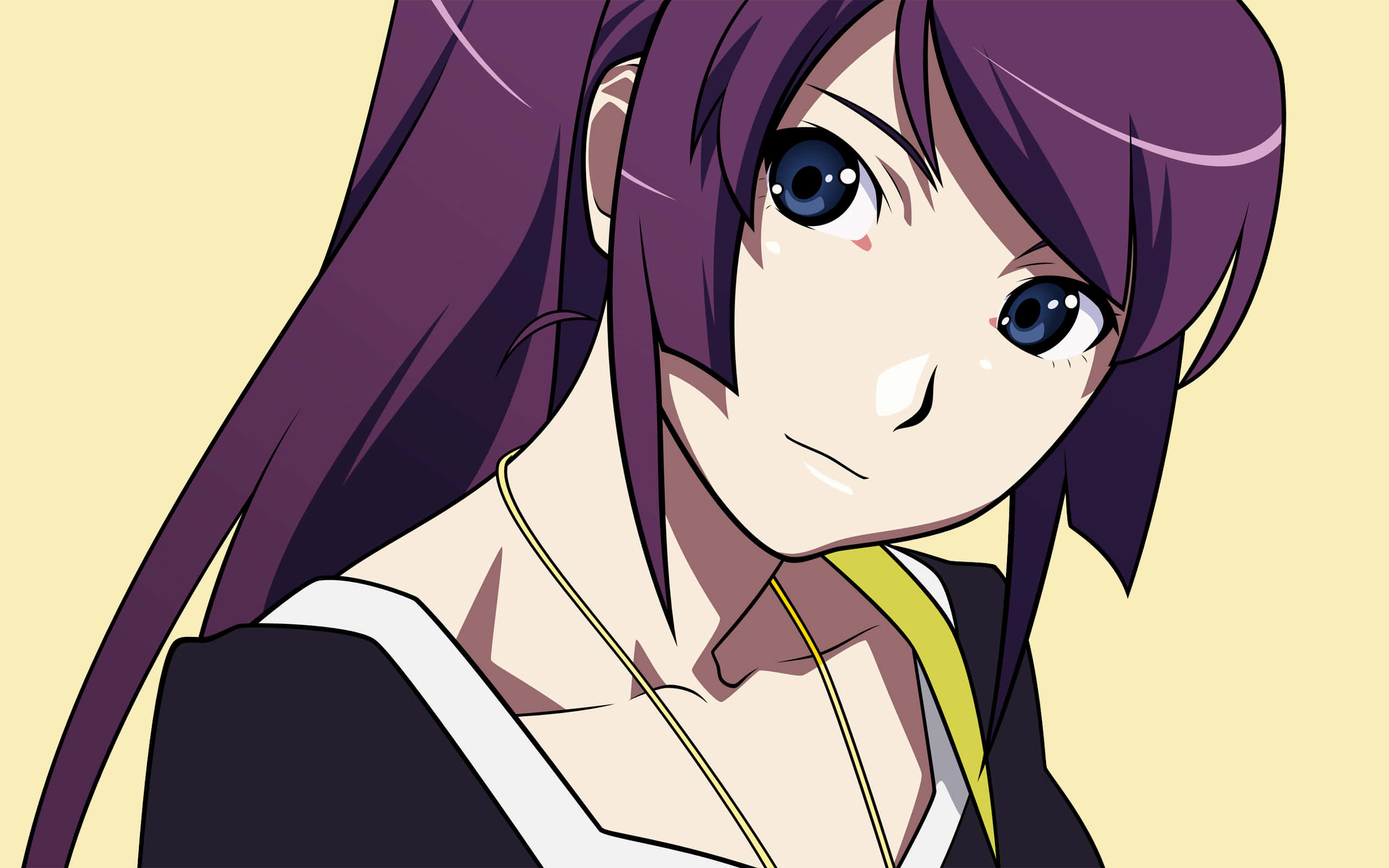 Monogatari 桌布 壁紙 — 一個紫色頭髮藍色眼睛的動漫女孩特寫，在淡黃色背景下溫柔地凝視。
