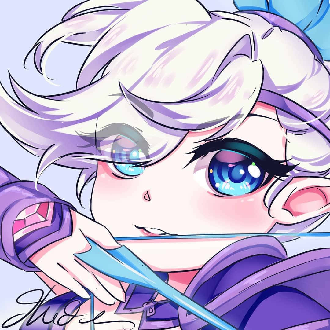 Mobile Legends 動態圖 桌布 壁紙 — 一個紫色頭髮藍色眼睛的動漫女孩特寫，專注地拿著發光的藍色箭矢。
