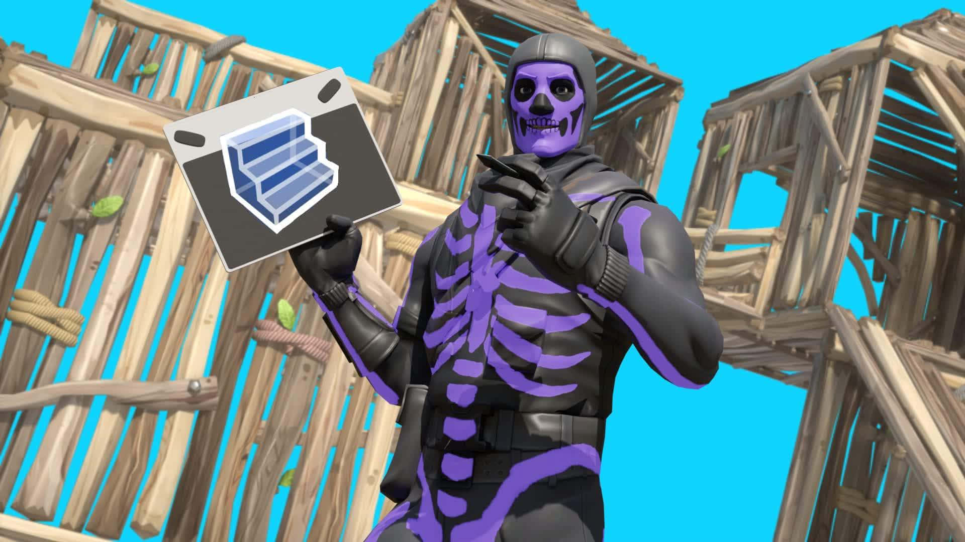 桌布 壁紙 — 一個紫色骷髏Fortnite角色在明亮的藍天下，於木結構中拿著藍圖圖標。