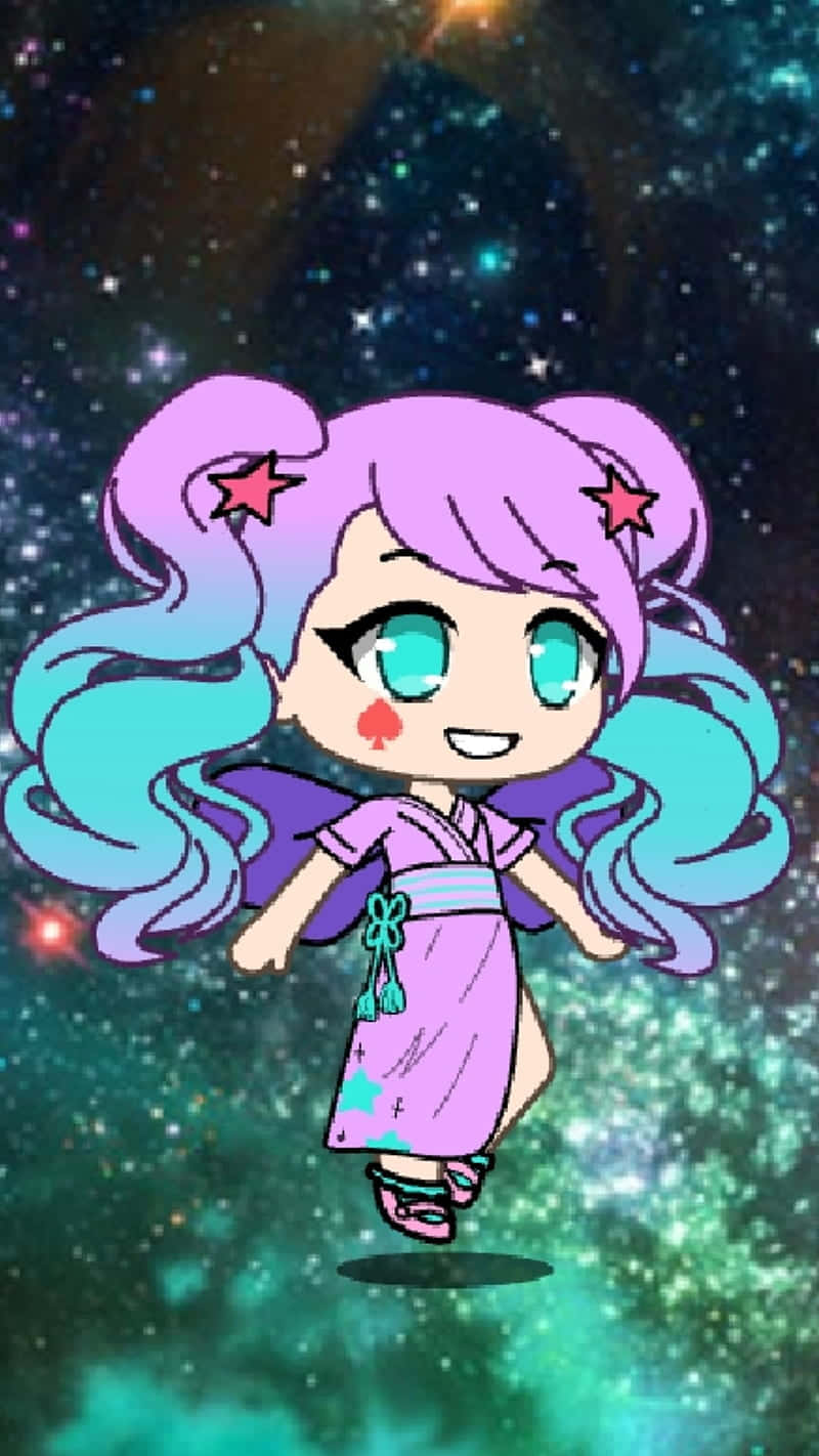 桌布 壁紙 — 一個紫藍色頭髮的Q版動漫女孩，在閃爍的宇宙背景中快樂地漂浮。