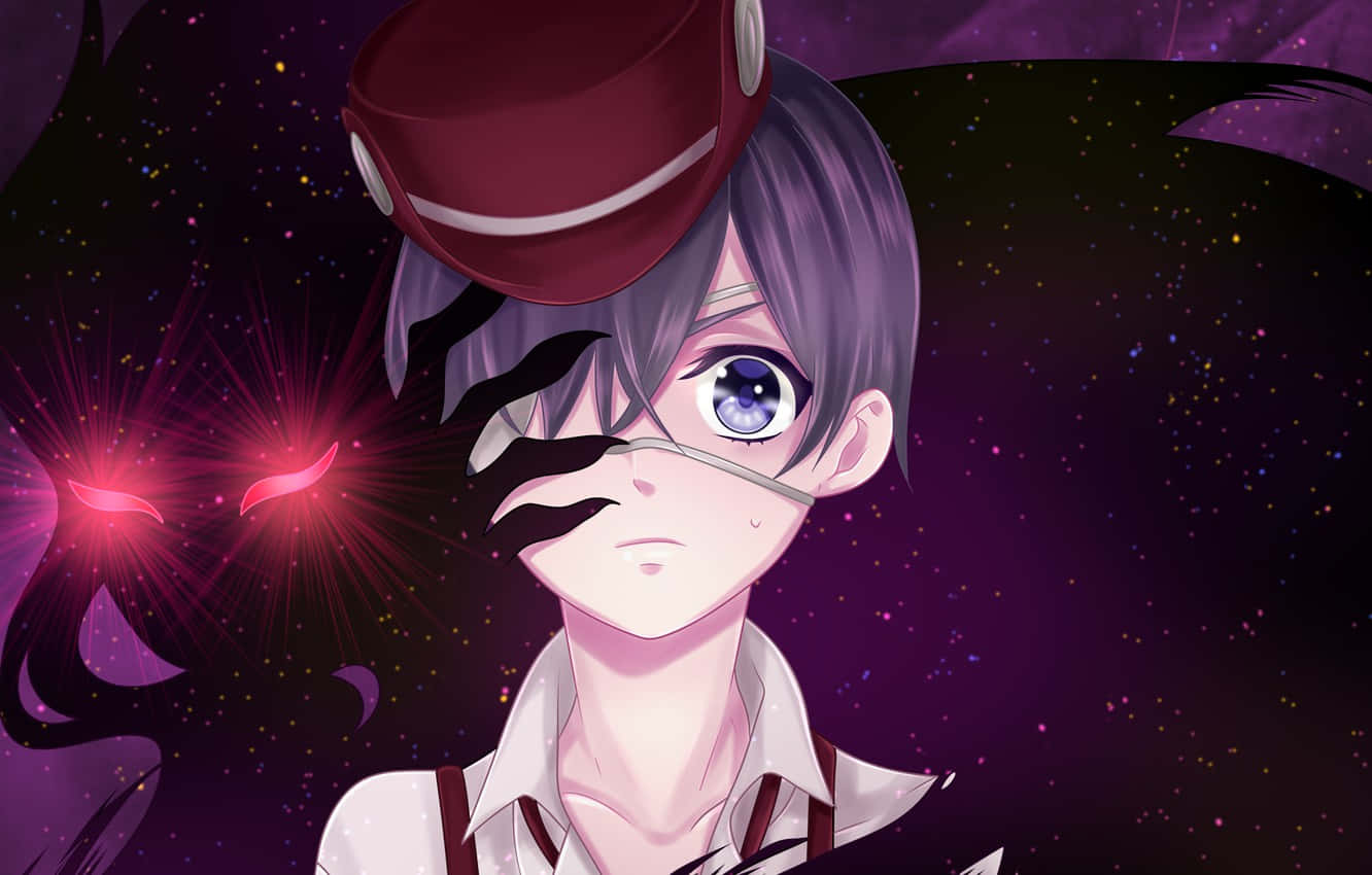 Ciel Phantomhive 桌布 壁紙 — 一個紫髮、戴紅帽和眼罩的動漫角色，在星光閃爍的宇宙背景下，凝視前方，周圍有發光的粉紅色能量。