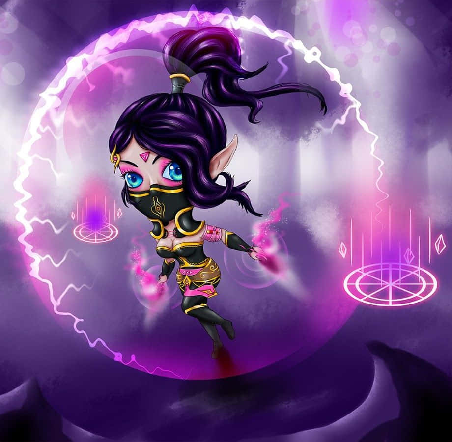 Templar Assassin 桌布 壁紙 — 一個紫髮、眼睛發光的Q版精靈法師，在劈啪作響的紫色魔法陣中引導粉紅色能量。